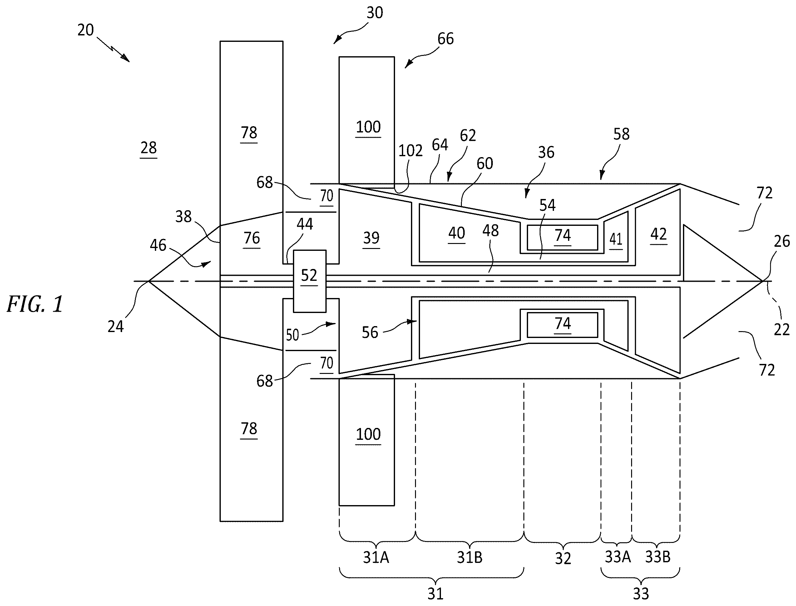 Patent US12492711 — Open rotor with fixed guide vane/stator — Figure 1