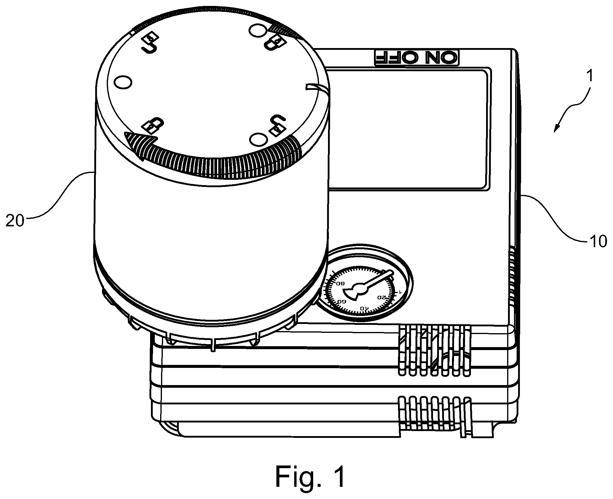 Patent US12492771 Figure 1 – Compressor for a device for sealing pneumatic tires by means of a sealing liquid