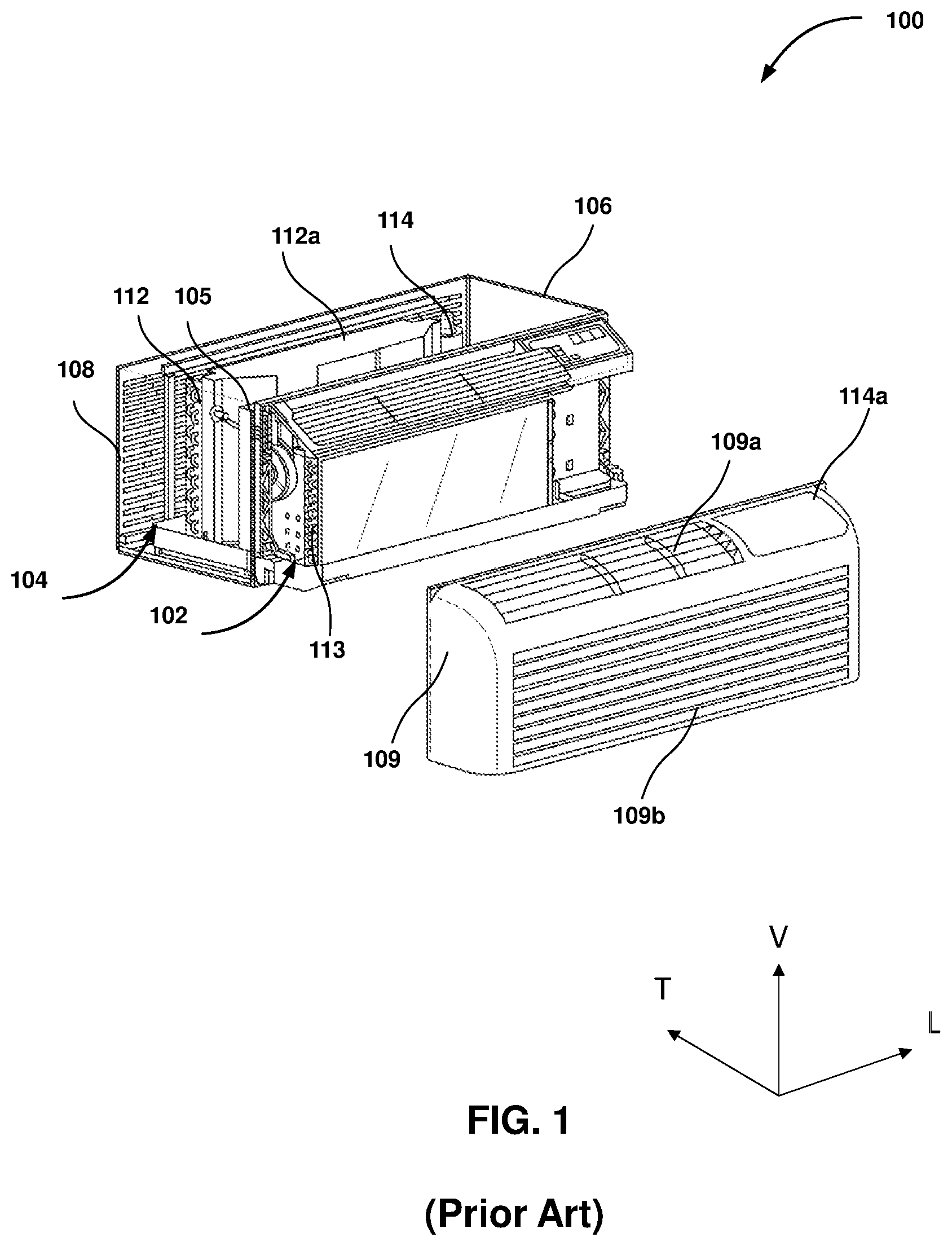Patent US12492828 — Compact, leakless, and power-efficient packaged terminal air conditioner (PTAC) with an evaporating element for the meltwater — Figure 1