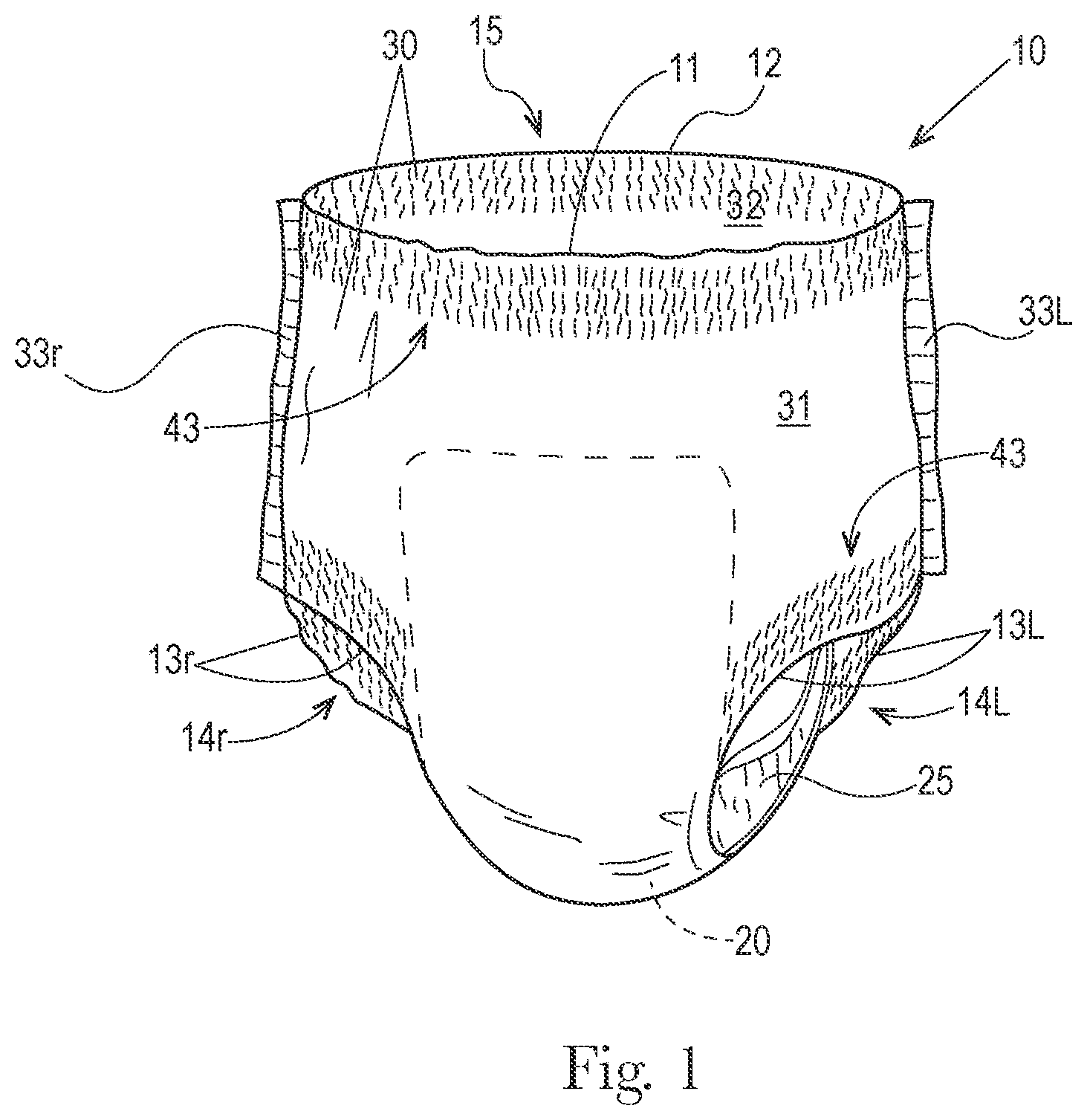 Patent US12496235 Figure 1 – Disposable absorbent pants with advantageous stretch and manufacturability features, and methods for manufacturing the same
