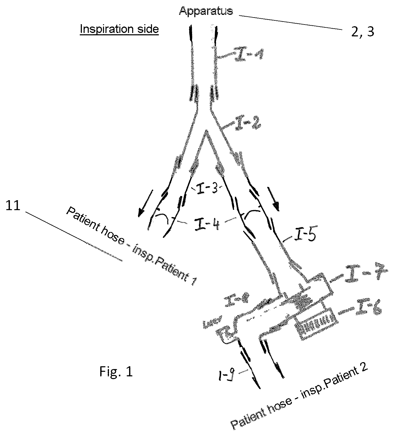 Patent US12496421 — Ventilation apparatus and system for the ventilation of at least two patients — Figure 1