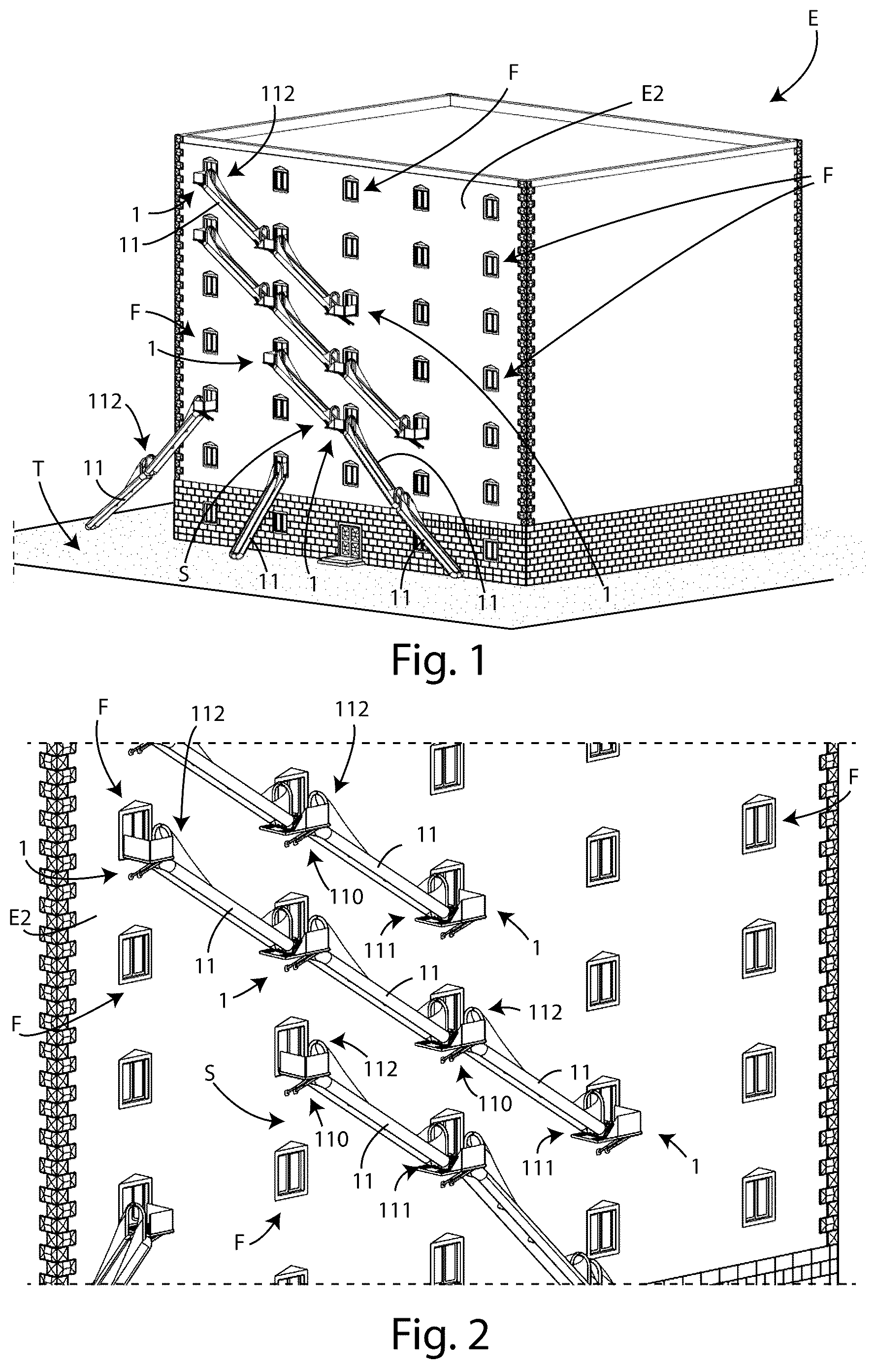 Patent US12496471 Figure 1 – Emergency evacuation system, an emergency evacuation unit and operation method of such system