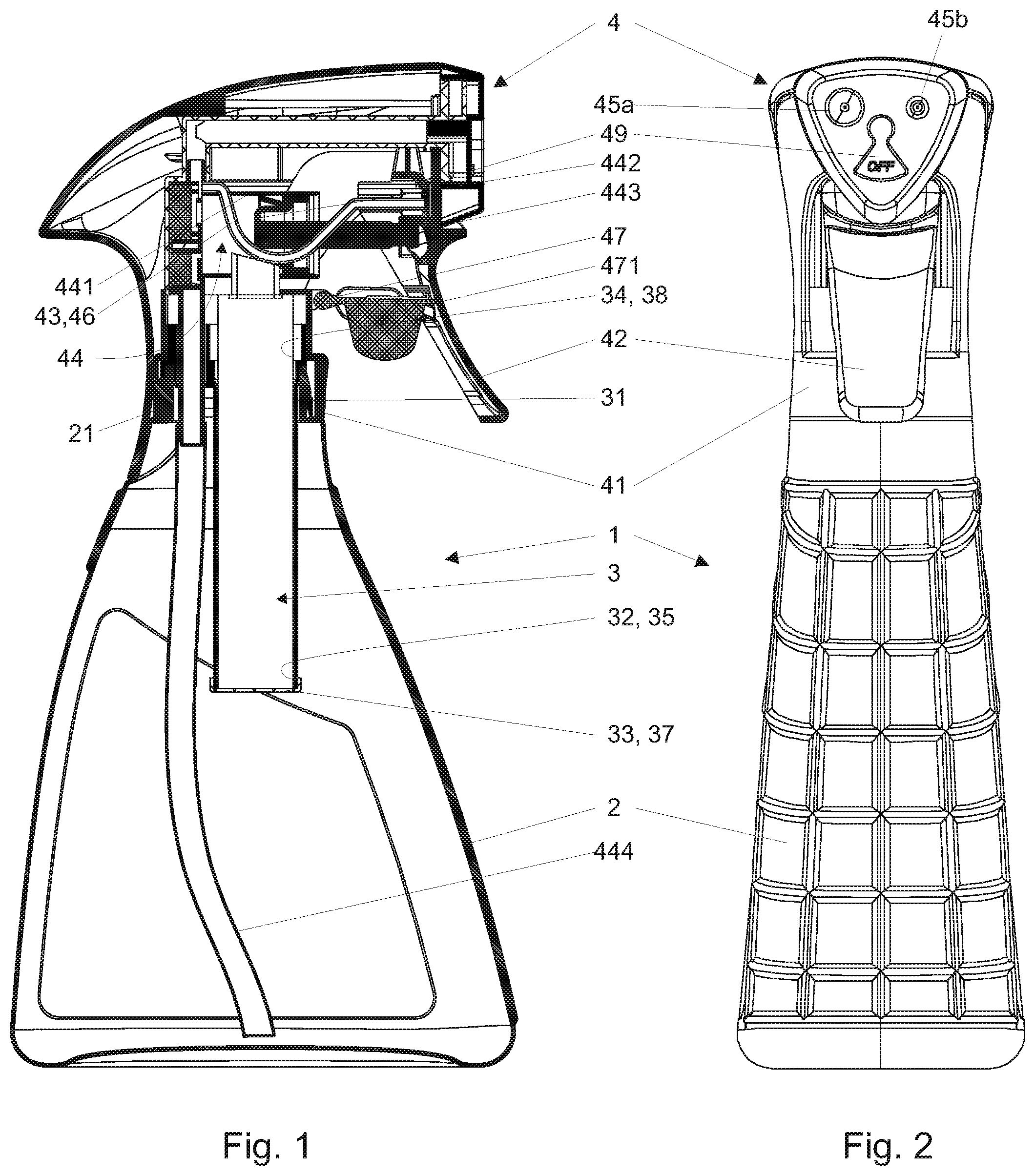 Patent US12496601 Figure 1 – Dispensing device for combining at least two separate components of a multi-component system prior to first use and a replaceable container apt to be installed in such a dispensing device