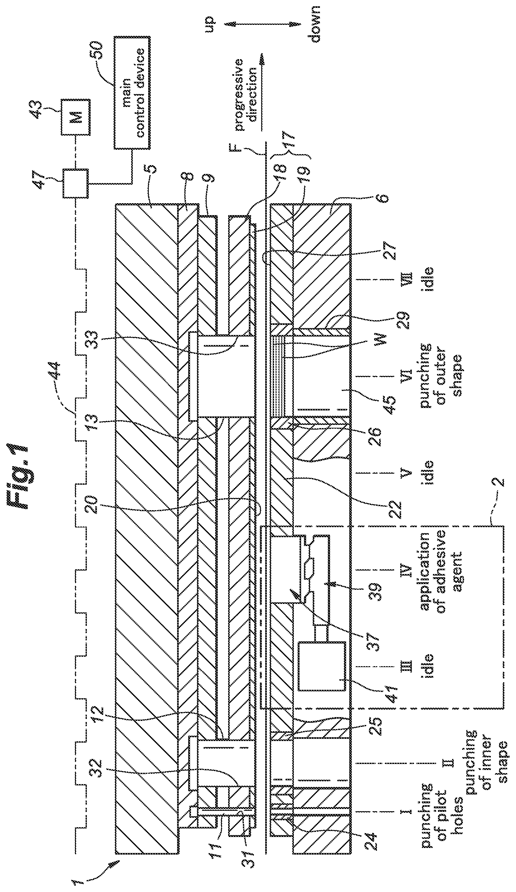 Patent US12496610 — Adhesive agent applying apparatus and adhesive agent application method for laminated iron core and manufacturing apparatus and manufacturing method for laminated iron core — Figure 1