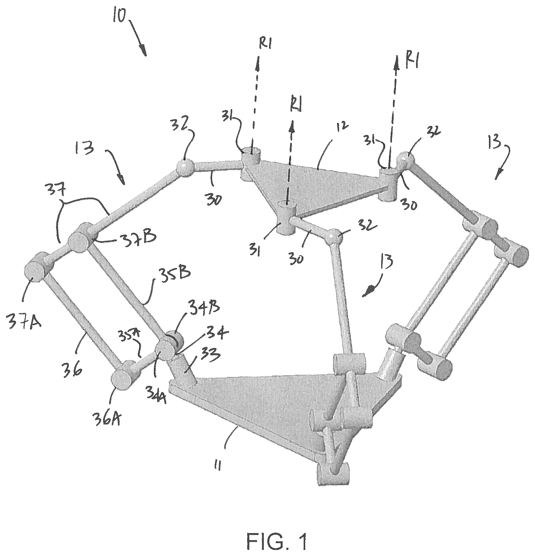 Patent US12496705 — Parallel mechanism with kinematically redundant actuation — Figure 1