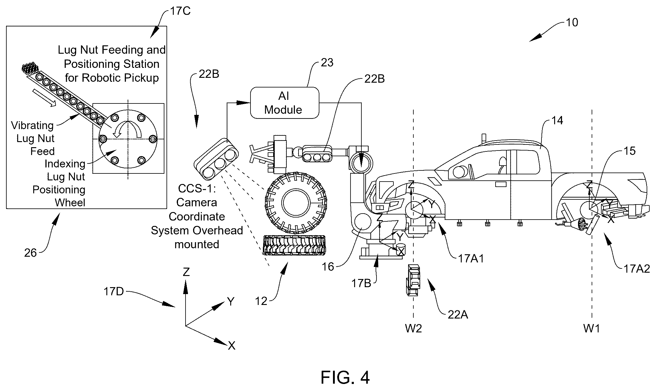 Patent US12496724 Figure 4 – Systems and methods for mounting wheels to partially assembled vehicles in motion