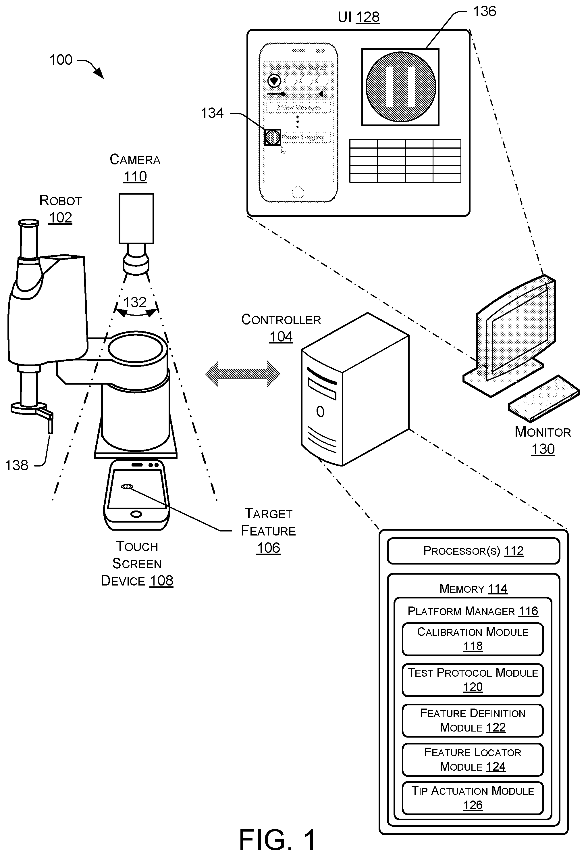 Patent US12496725 — Touch screen testing platform for engaging a dynamically positioned target feature — Figure 1