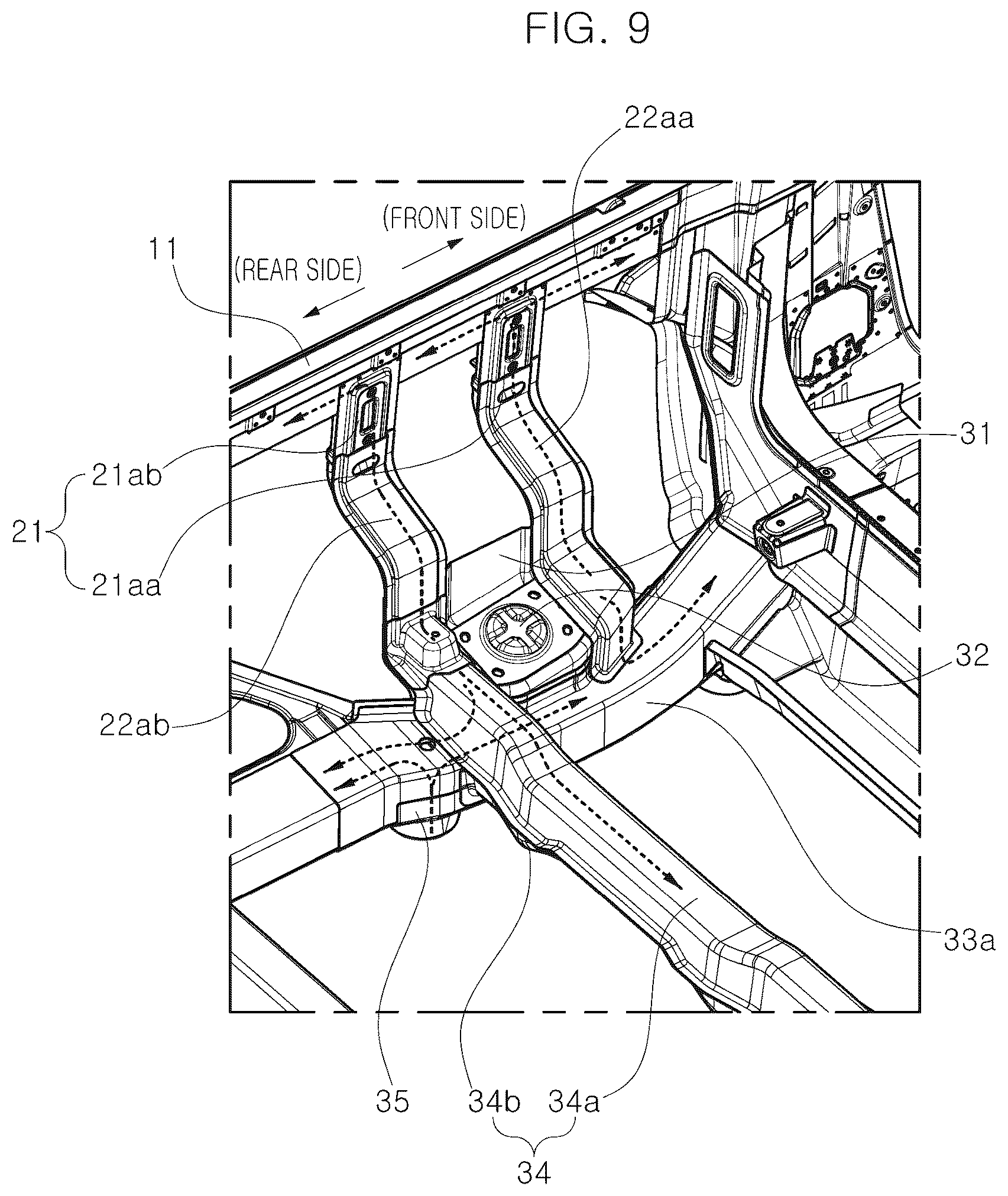 Patent US12496865 Figure 9 – Load distribution structure for shock absorber of vehicle