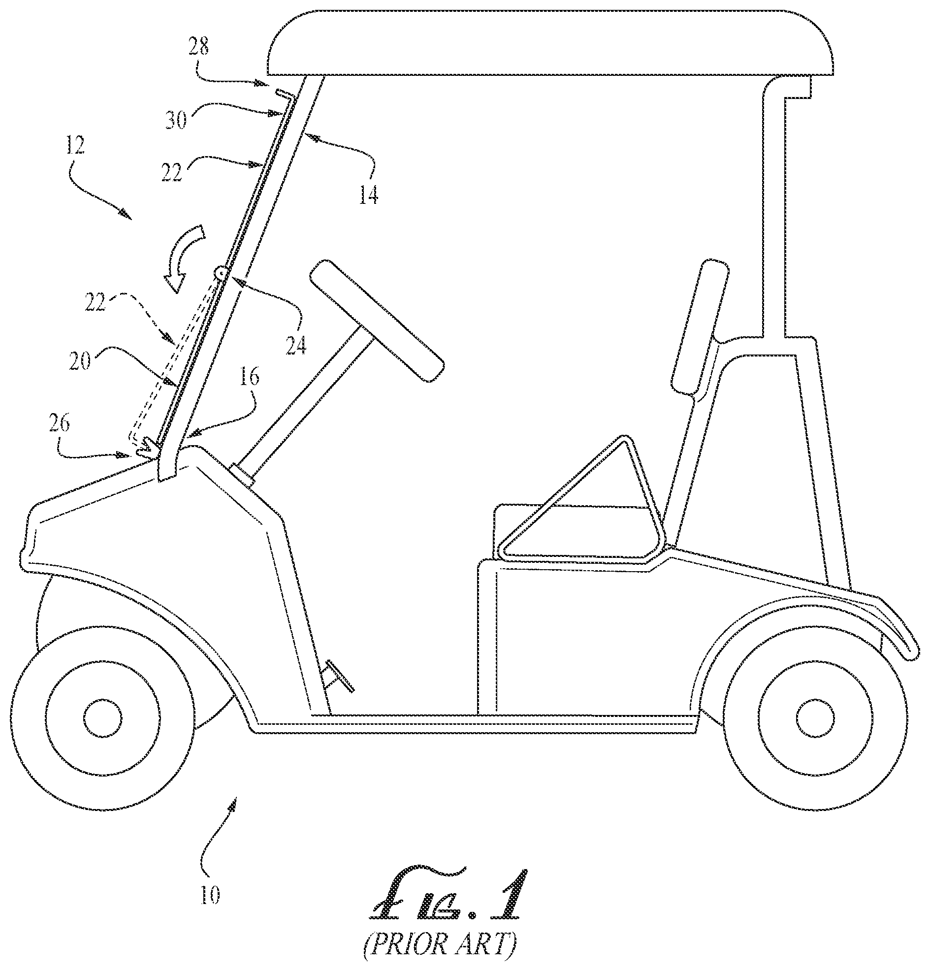 Patent US12496882 Figure 1 – Supporting golf-cart pivotal windshield for use as table