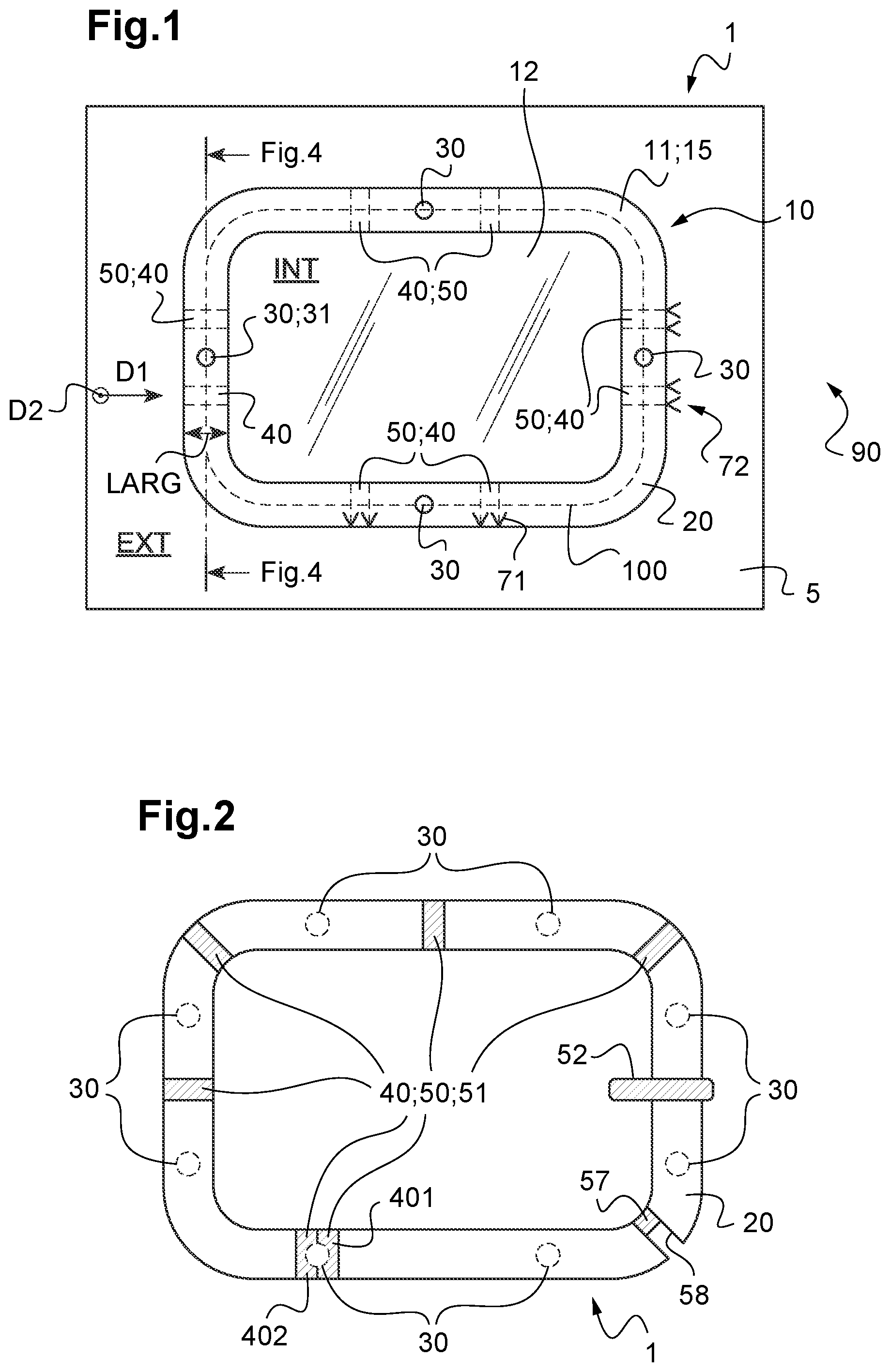 Patent US12497154 — Assembly having two elements assembled by a glue joint provided with blocked tunnels, vehicle comprising such an assembly and methods for securing and detaching such an assembly — Figure 1