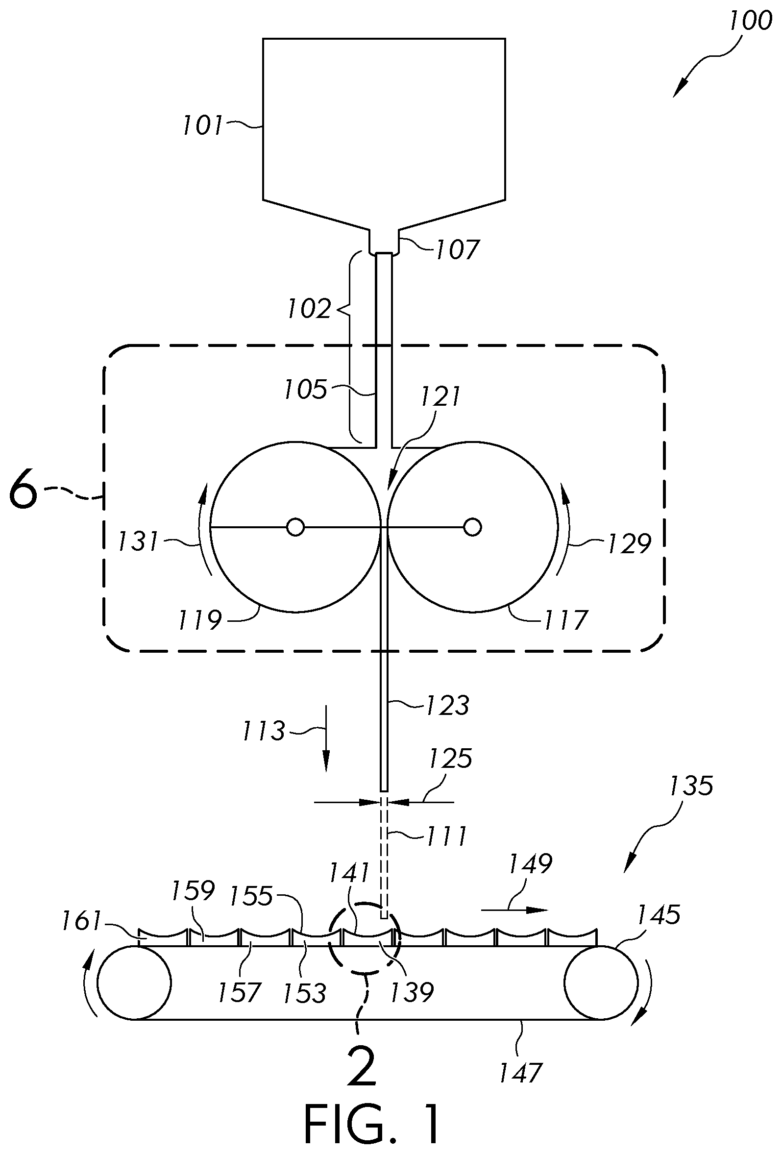 Patent US12497318 — Methods and apparatus for manufacturing a glass ribbon — Figure 1