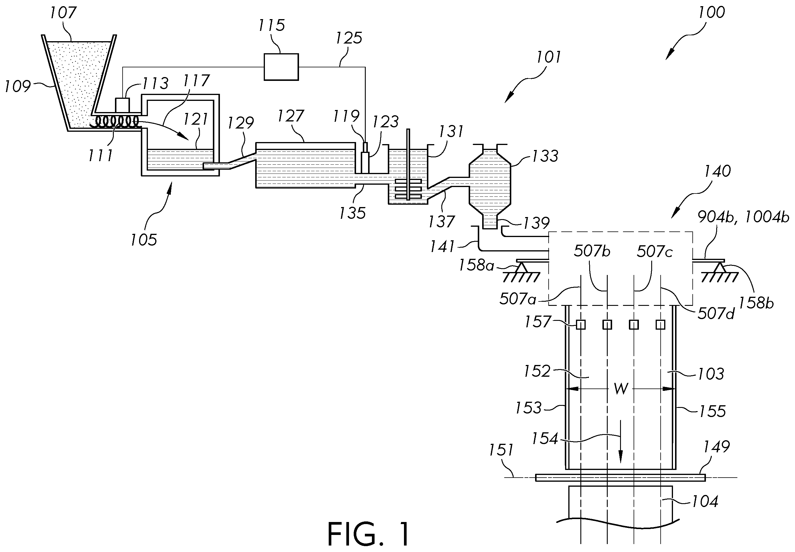 Patent US12497319 — Apparatus and methods for fabricating a glass ribbon — Figure 1