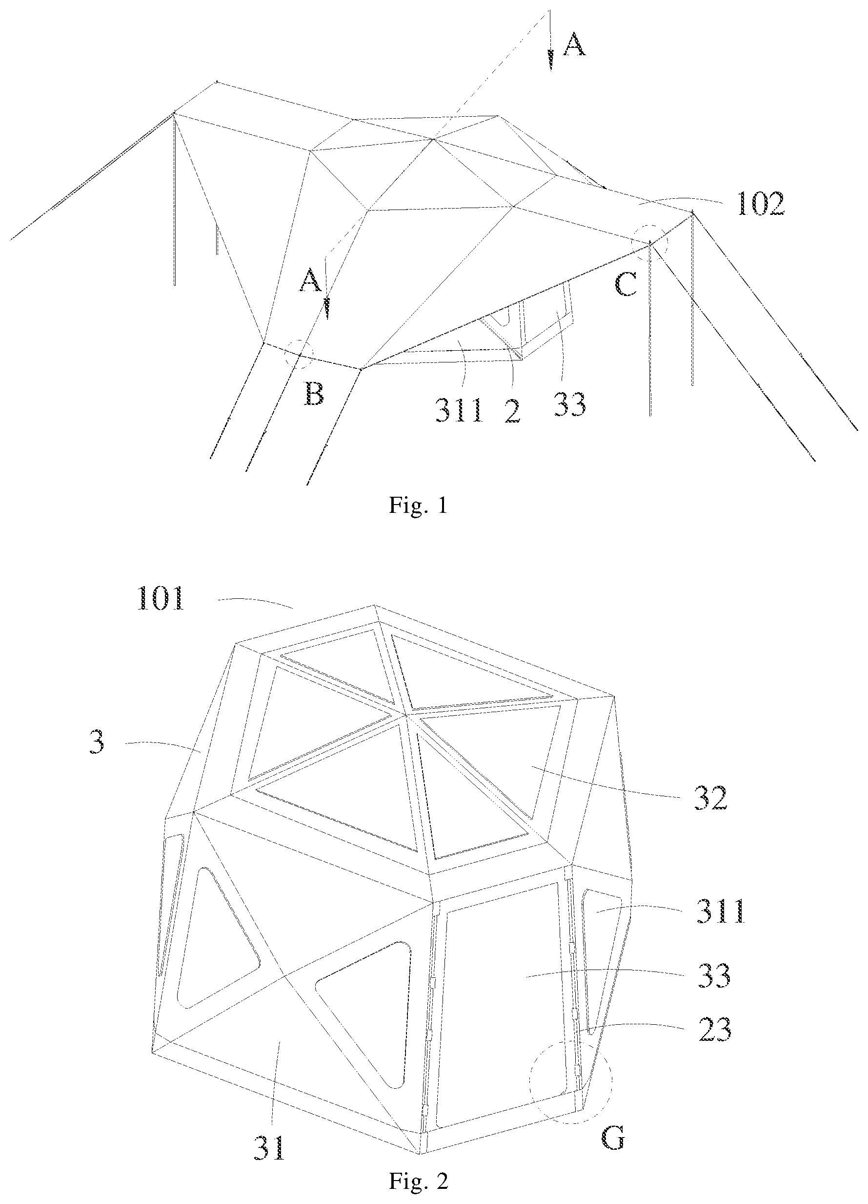 Patent US12497799 Figure 1 – Multi-form tent