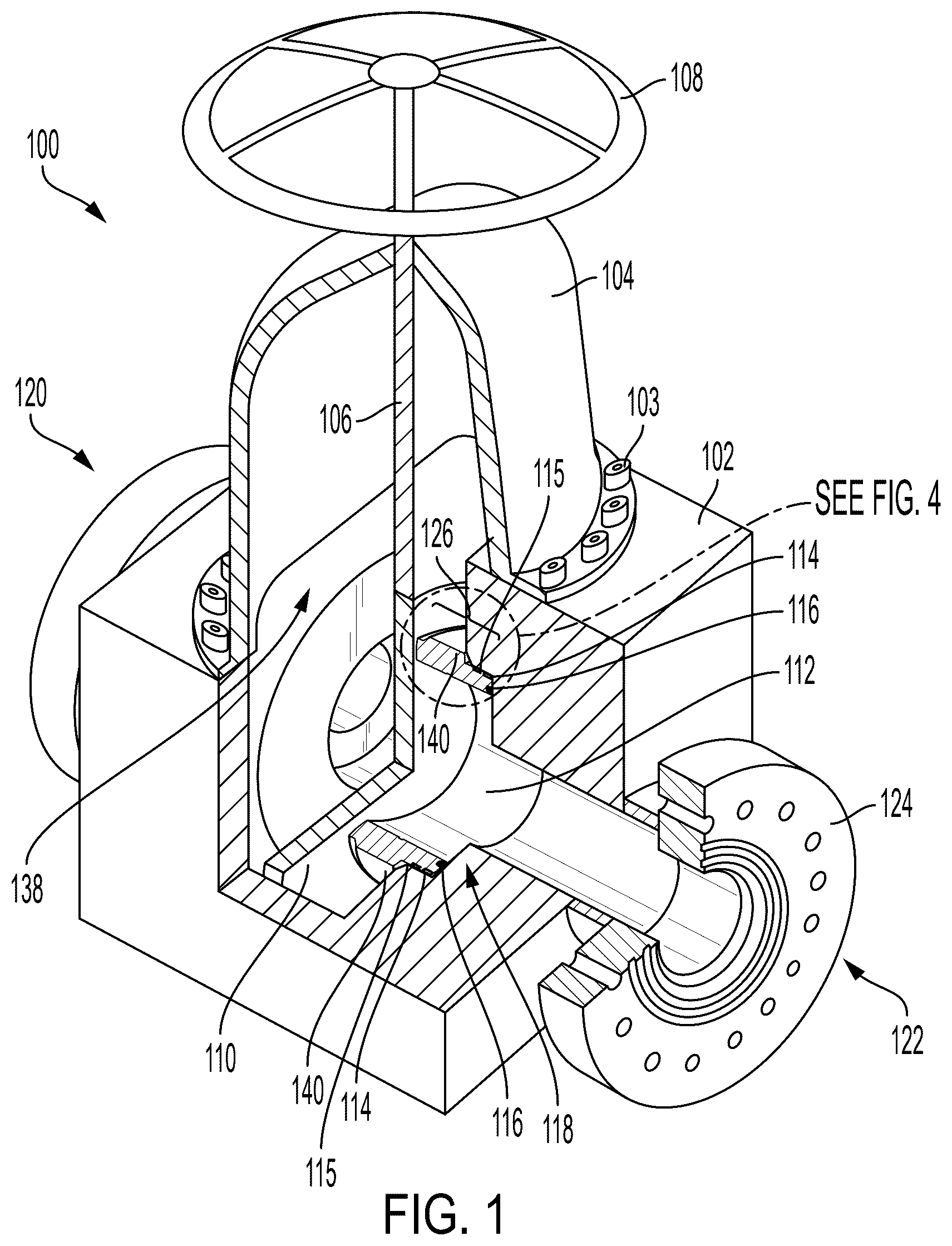 Patent US12504080 — Gate valve seats and seals, kits, and associated methods to enhance operating life of gate valves — Figure 1
