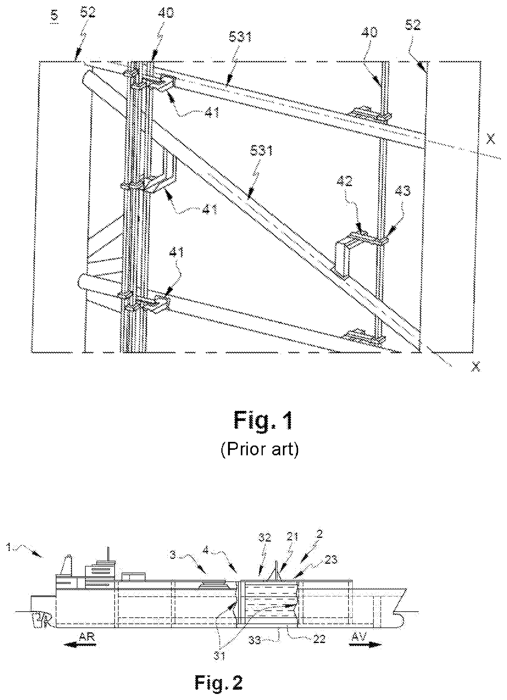 Patent US12504127 — Support device for at least one instrument on a tower for loading and/or offloading a tank of a ship intended to contain a liquefied gas — Figure 1