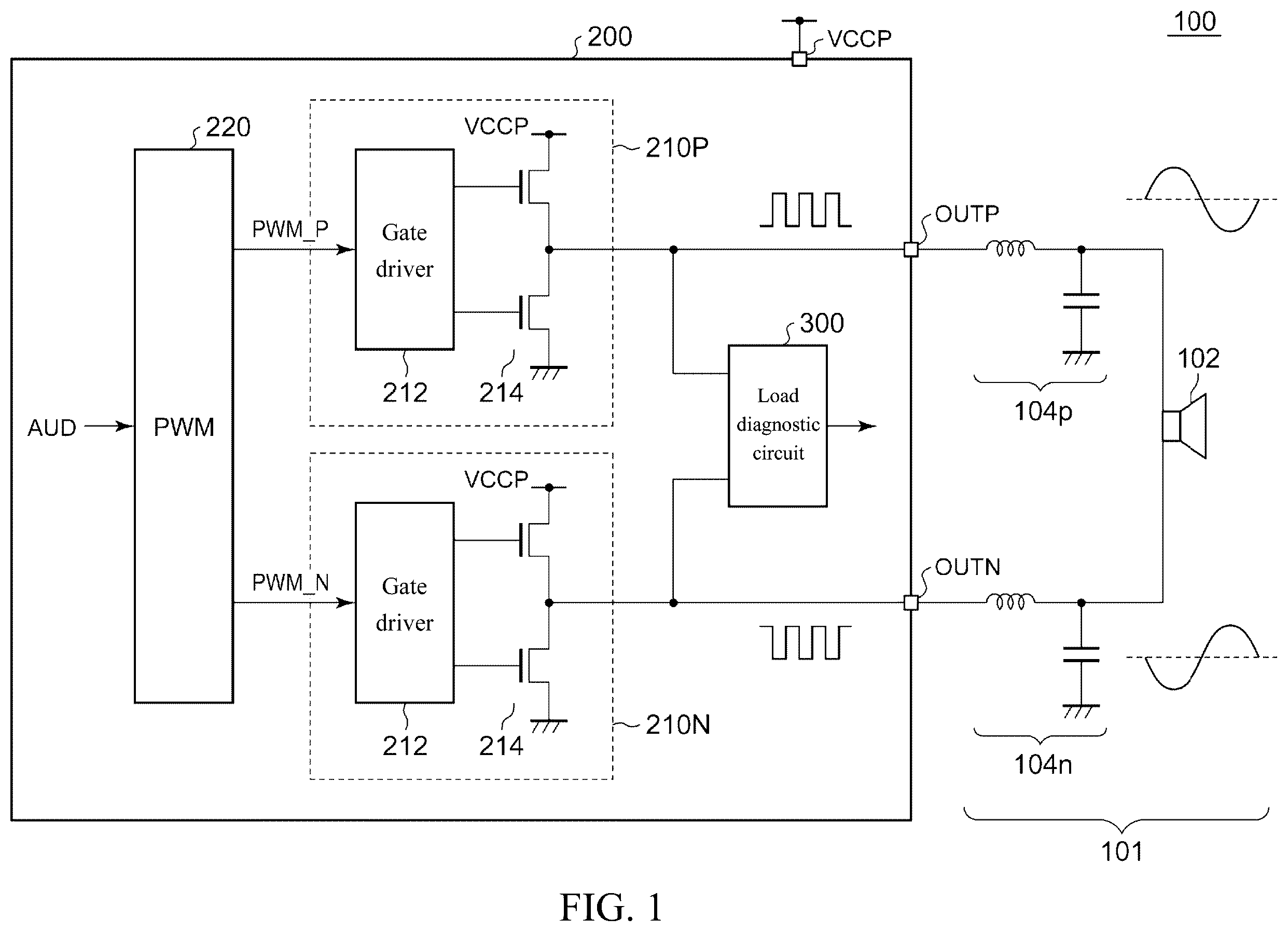 Patent US12504462 — Audio amplifier circuit and audio output device using the same — Figure 1