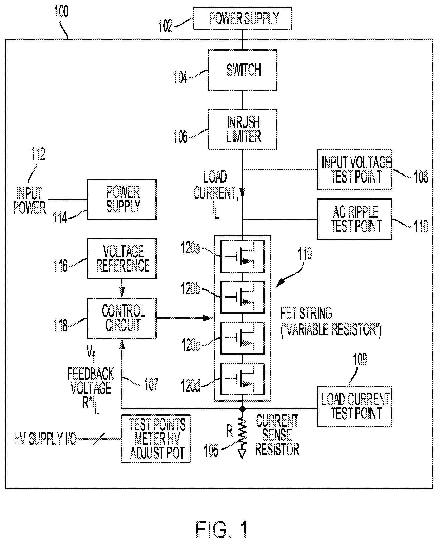 Patent US12504469 Figure 1 – Continuously variable electronic load tester for use with nuclear instrumentation system high voltage power supplies