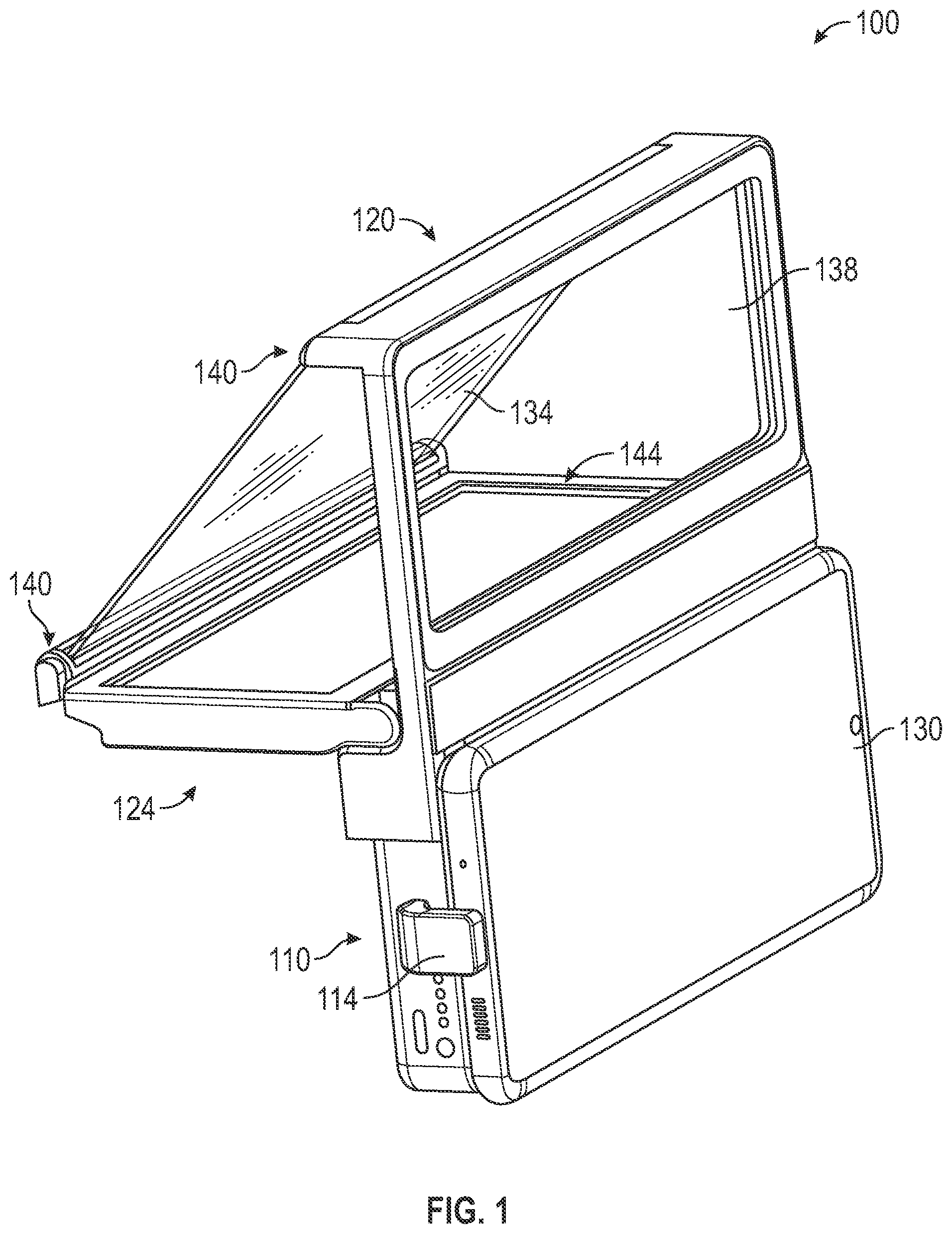 Patent US12504573 Figure 1 – External power bank and collapsible holographic projection accessory for portable electronic device