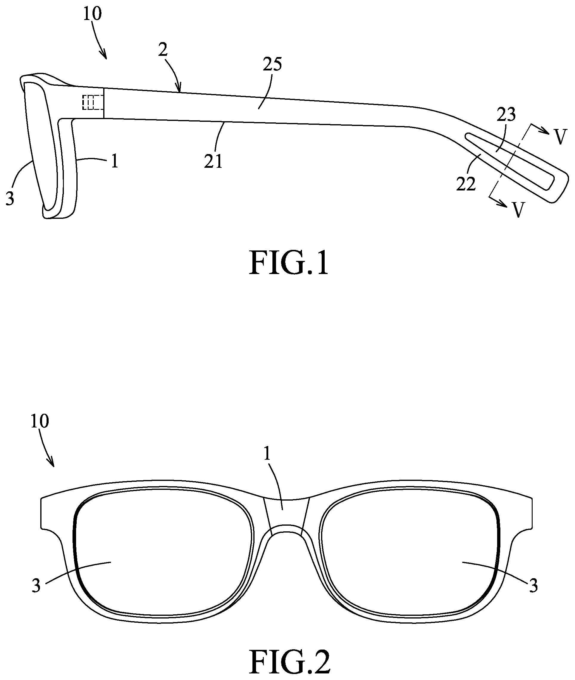 Patent US12504646 — Eyeglasses having temples bendable to convert between two different curved states — Figure 1