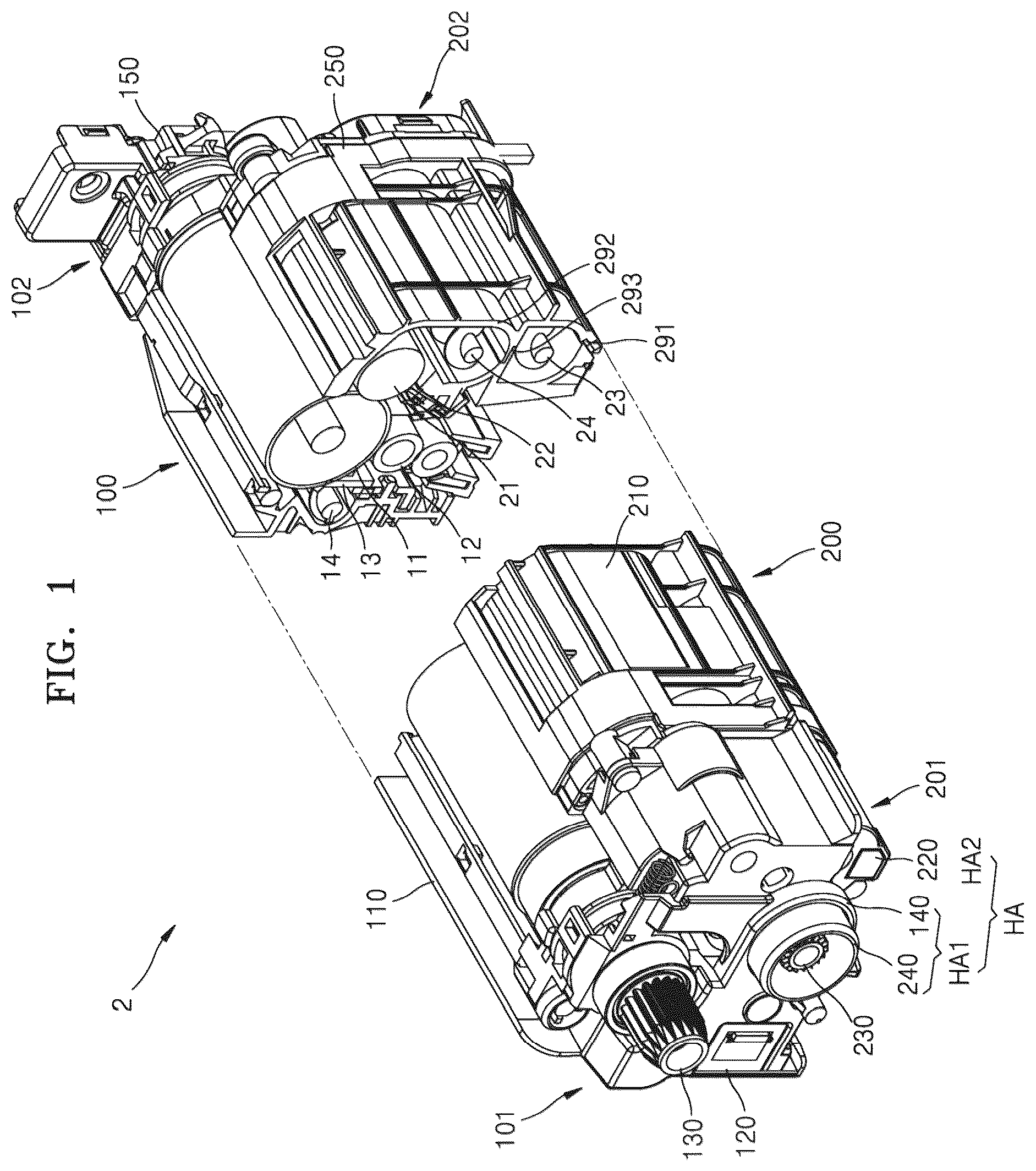 Patent US12504712 Figure 1 – Process cartridge with driving side hinge with hinge spacing