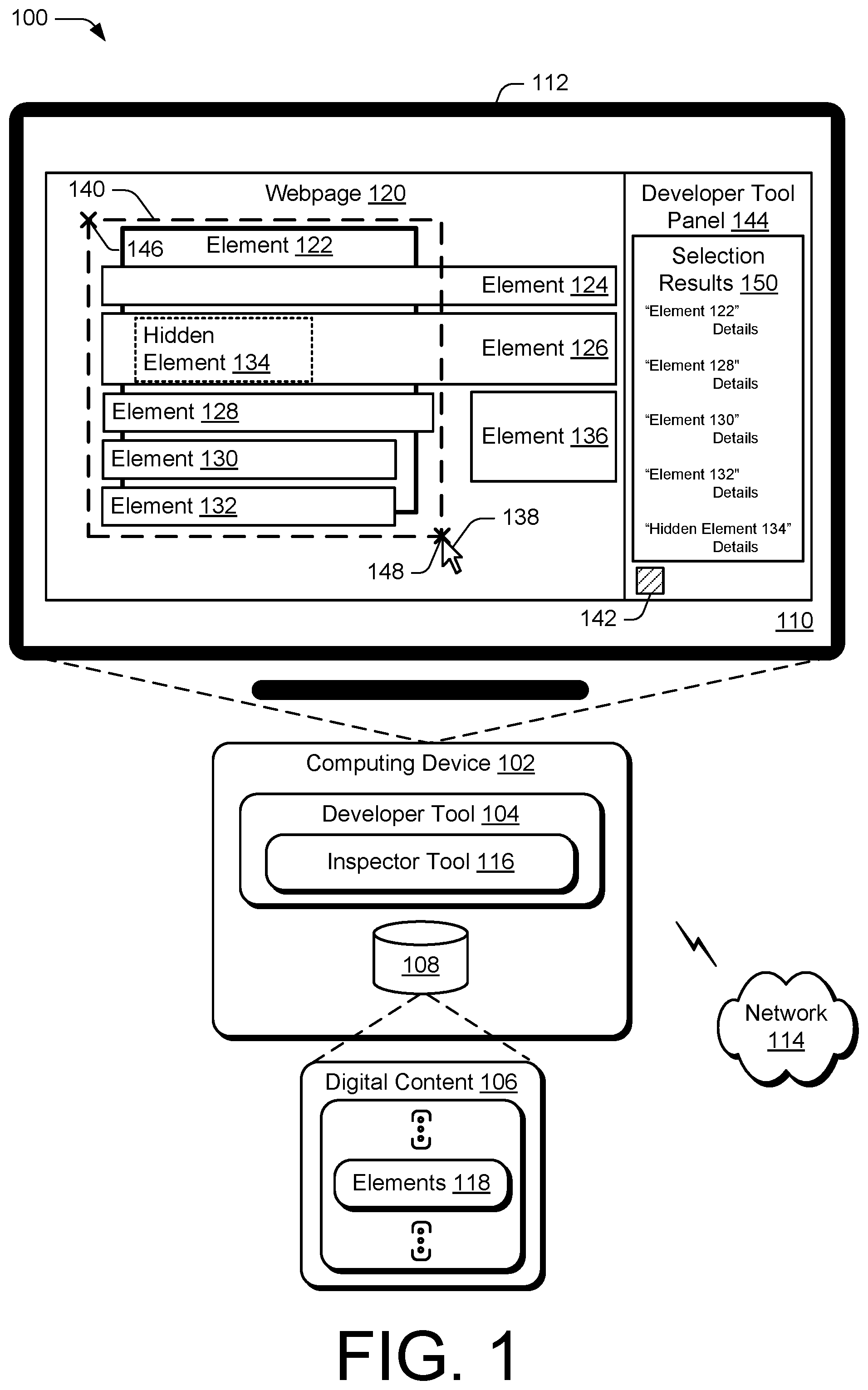 Patent US12504867 — Area selection-based document object model element inspector — Figure 1
