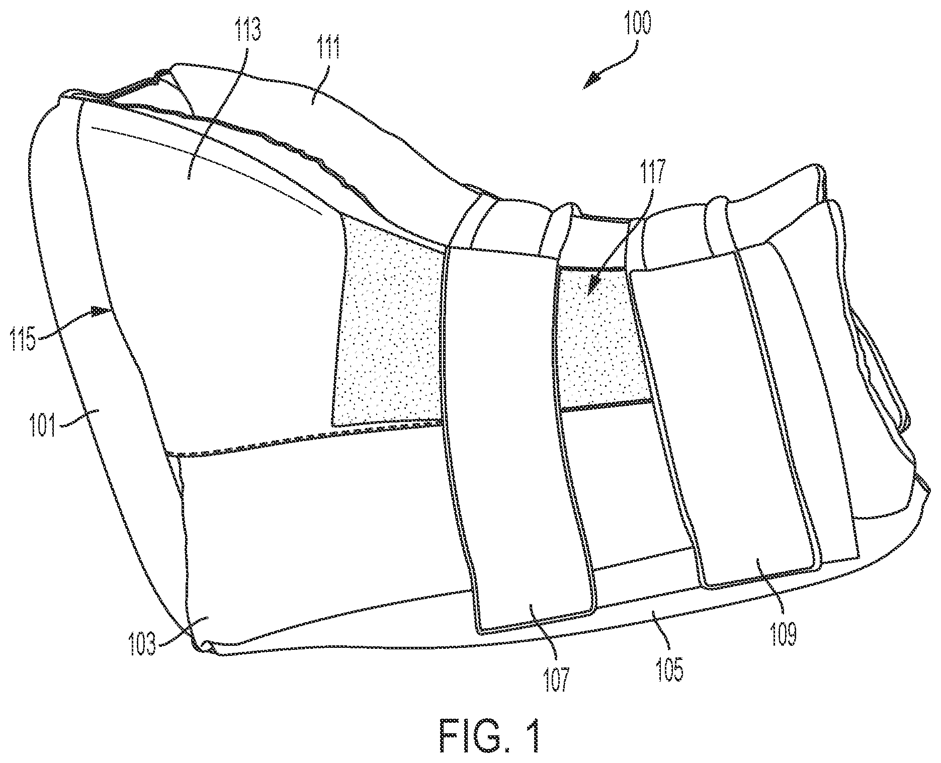 Patent US12508144 Figure 1 – Sides-down, open door pressure relief boot