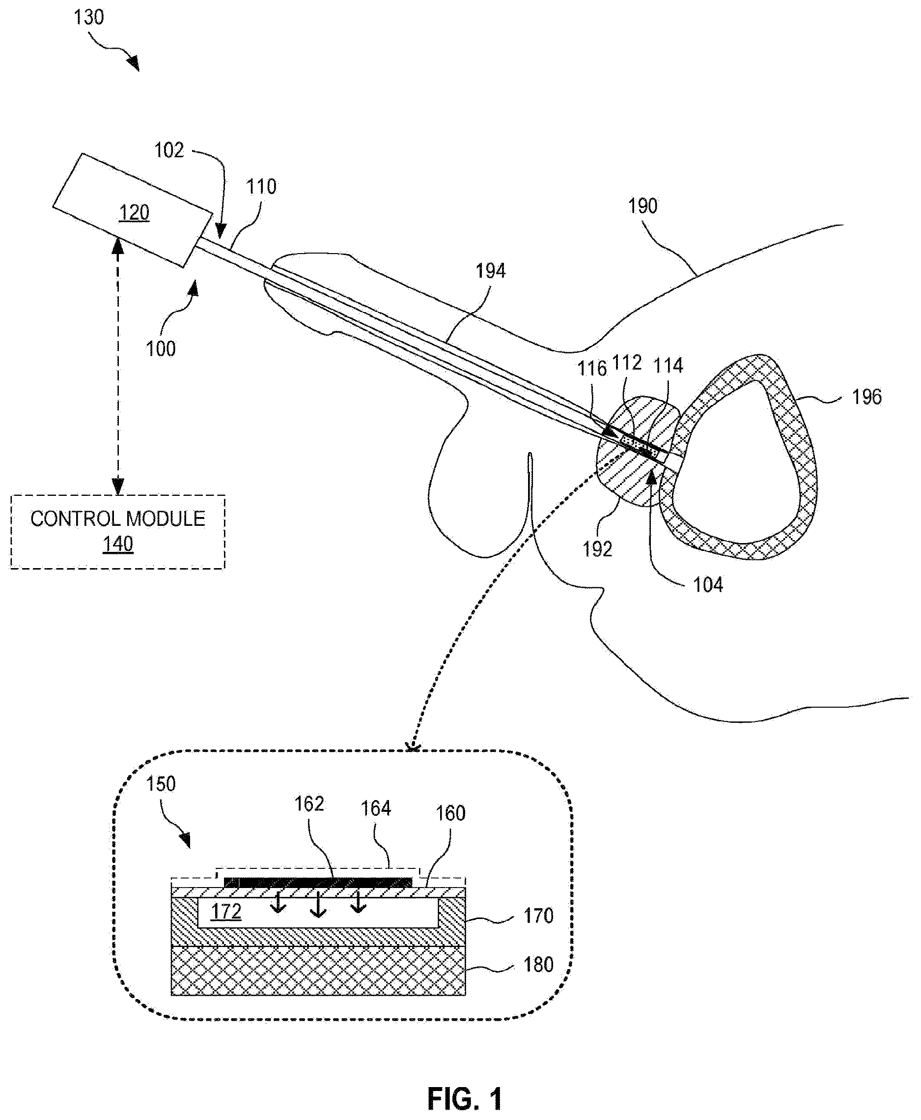 Patent US12508448 — Medical device with CMUT array and solid state cooling, and associated methods and systems — Figure 1