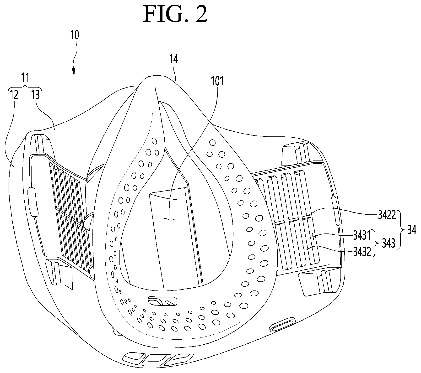 Patent US12508451 Figure 2 – Mask apparatus with rear surface inlet and outlet