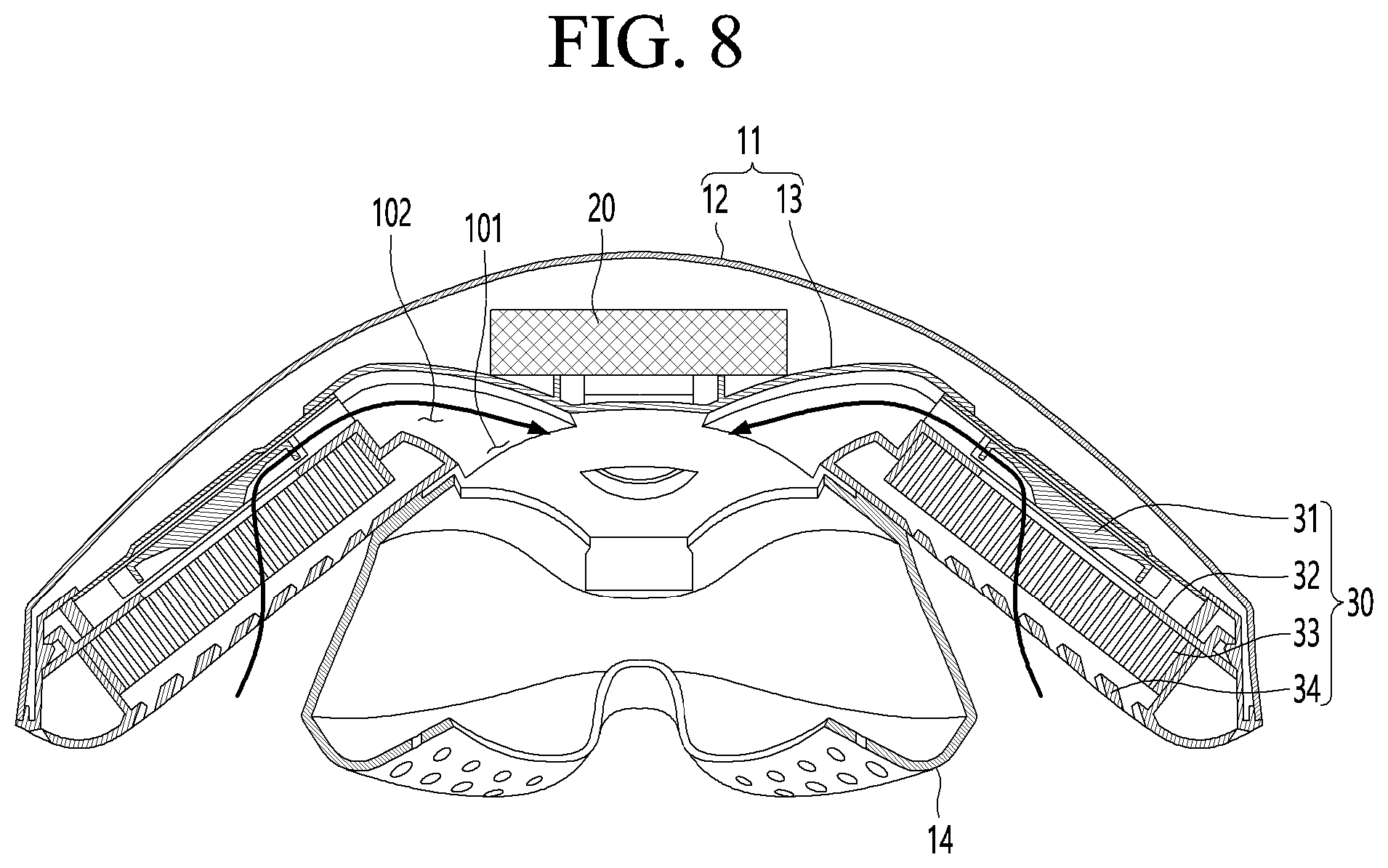 Patent US12508451 Figure 8 – Mask apparatus with rear surface inlet and outlet