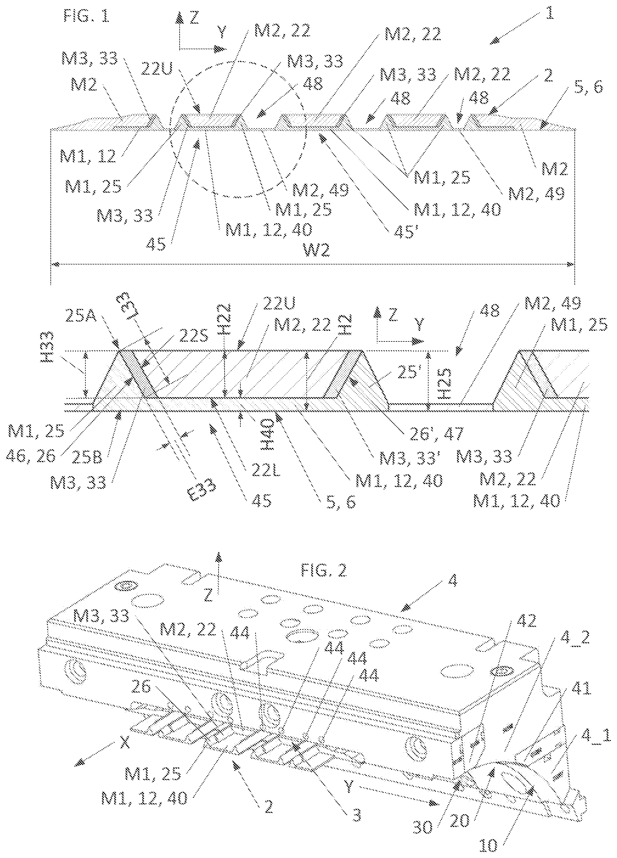 Patent US12508762 Figure 1 – Process for manufacturing a tread by coextrusion with integration of a decoupling interface between tread pattern blocks and reinforcing wedges