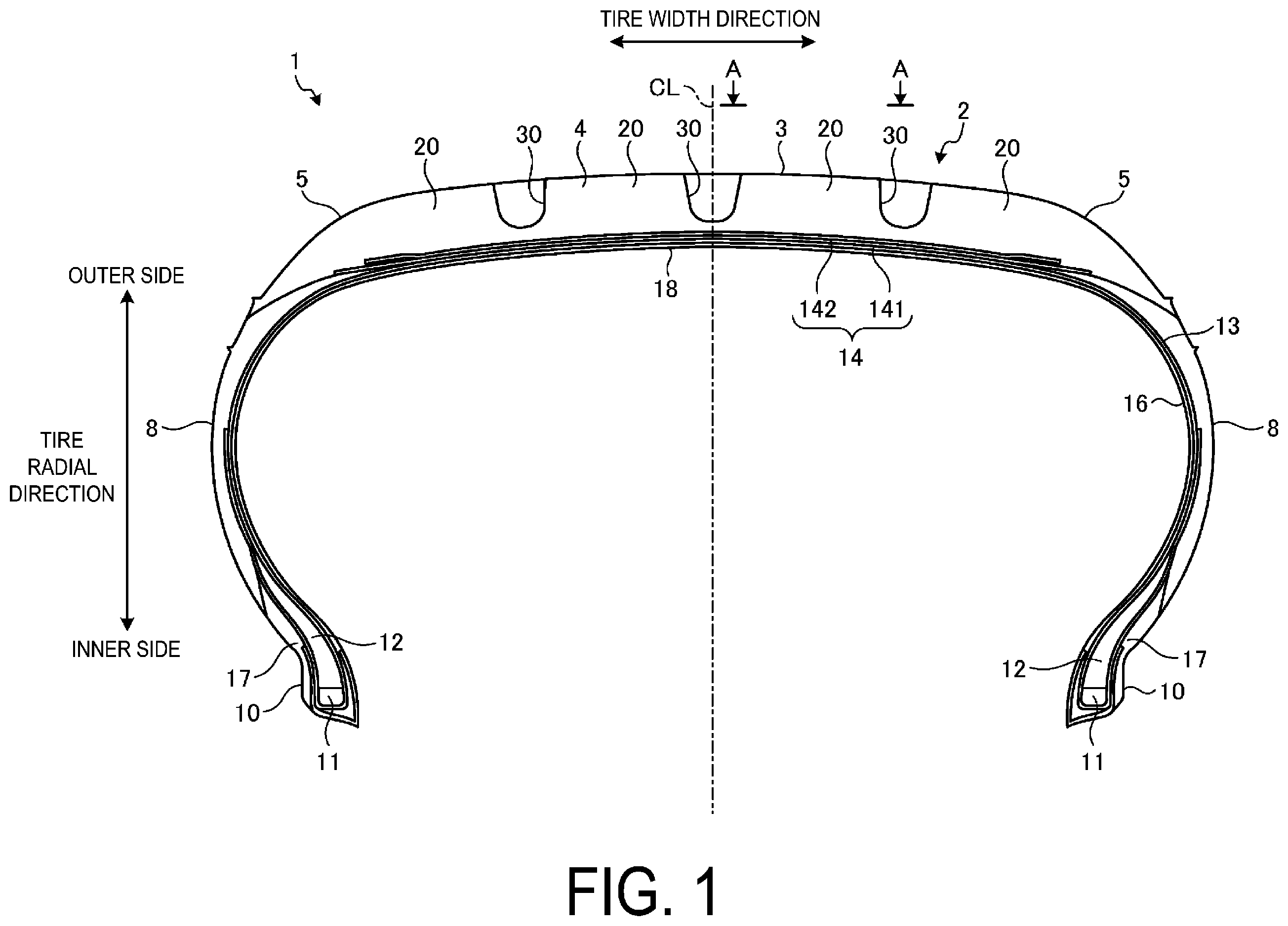 Patent US12508848 Figure 1 – Pneumatic tire