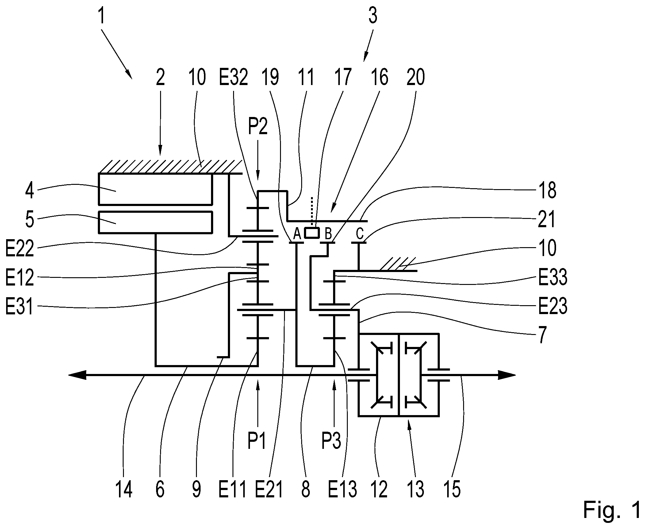 Patent US12508892 — Motor vehicle transmission for an at least partially electrically driven motor vehicle — Figure 1
