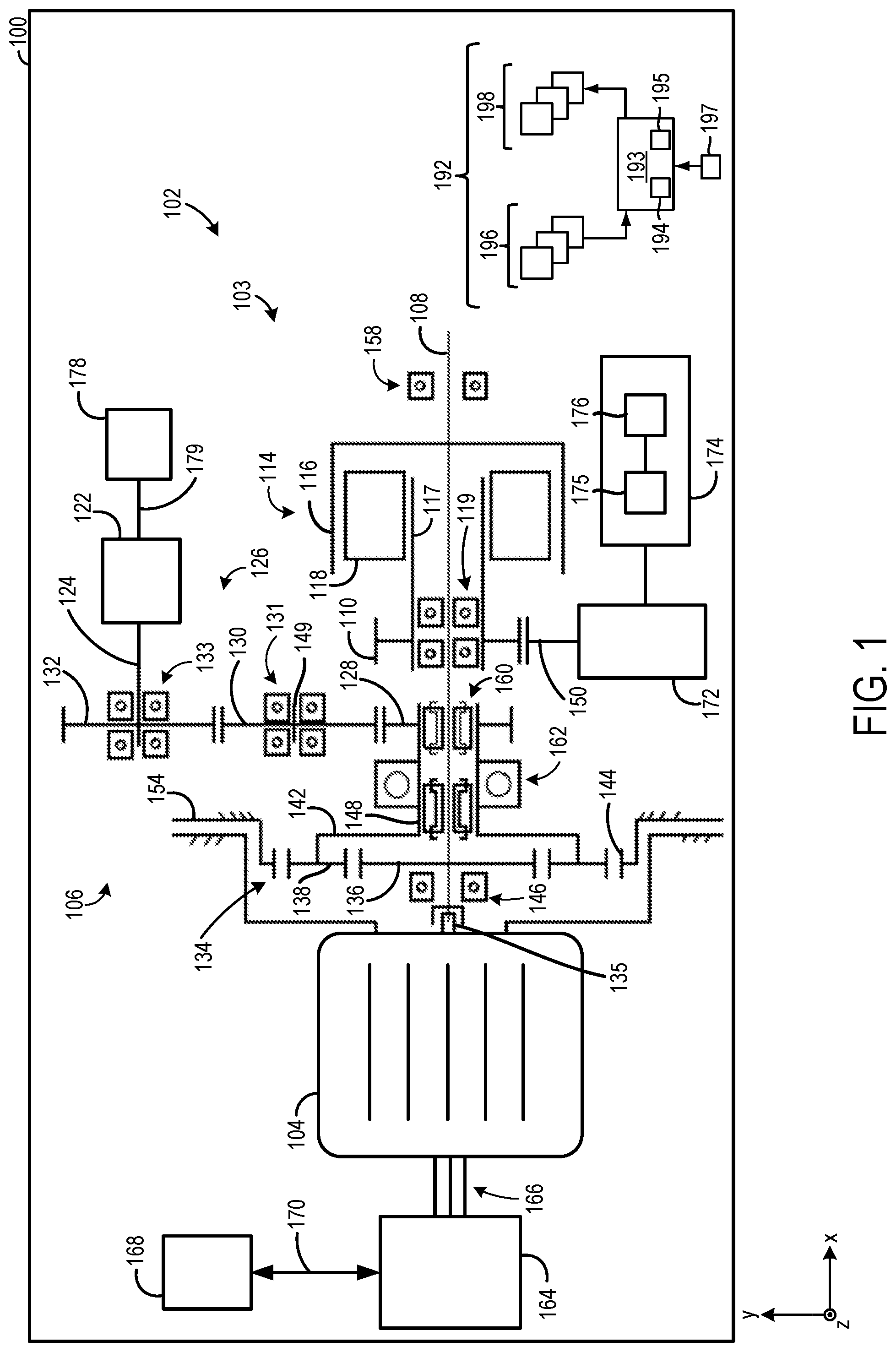Patent US12508899 — Powertrain system with power take-off (PTO) and reduction planetary gear set — Figure 1