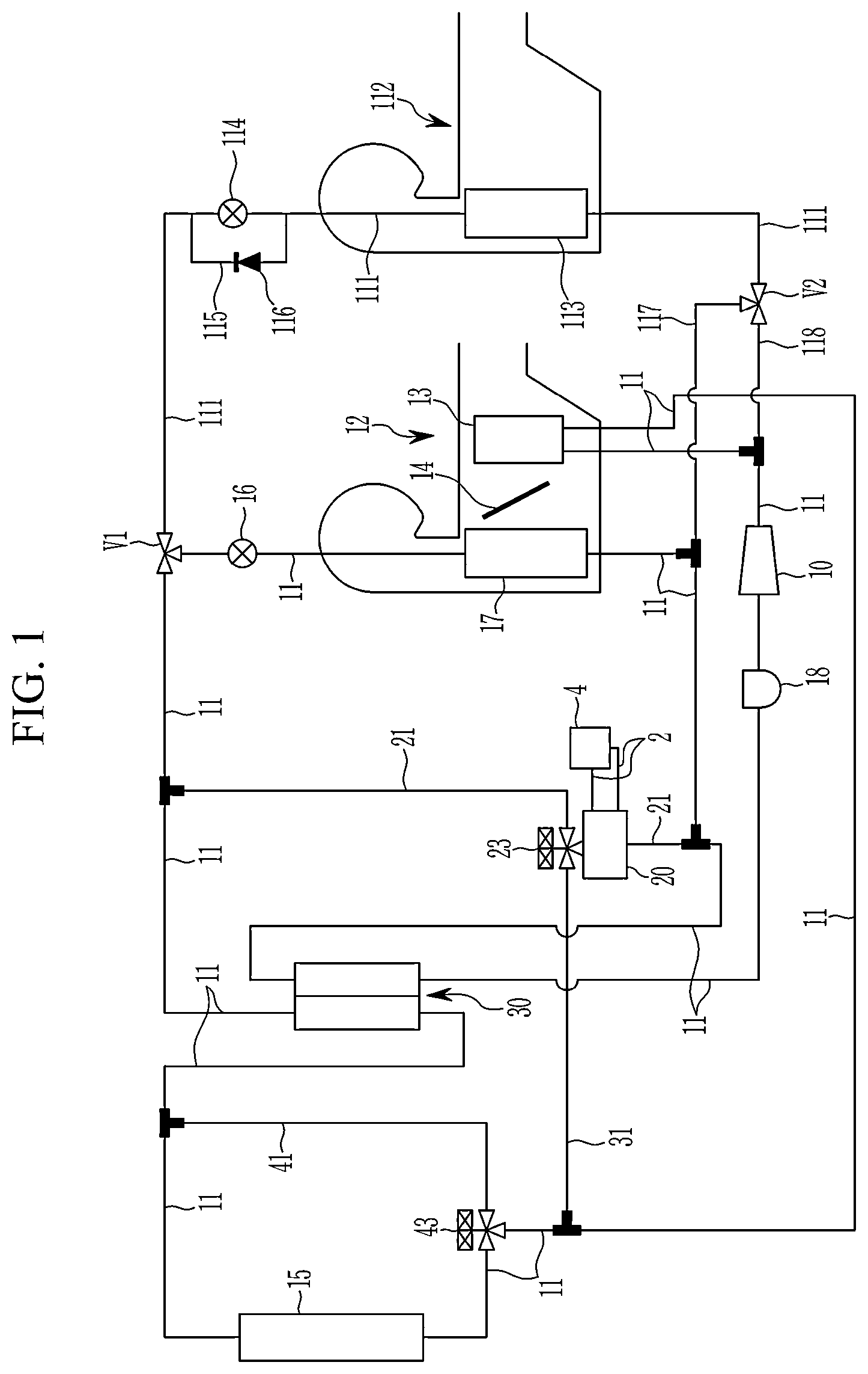 Patent US12508963 Figure 1 – Heat pump system for a vehicle