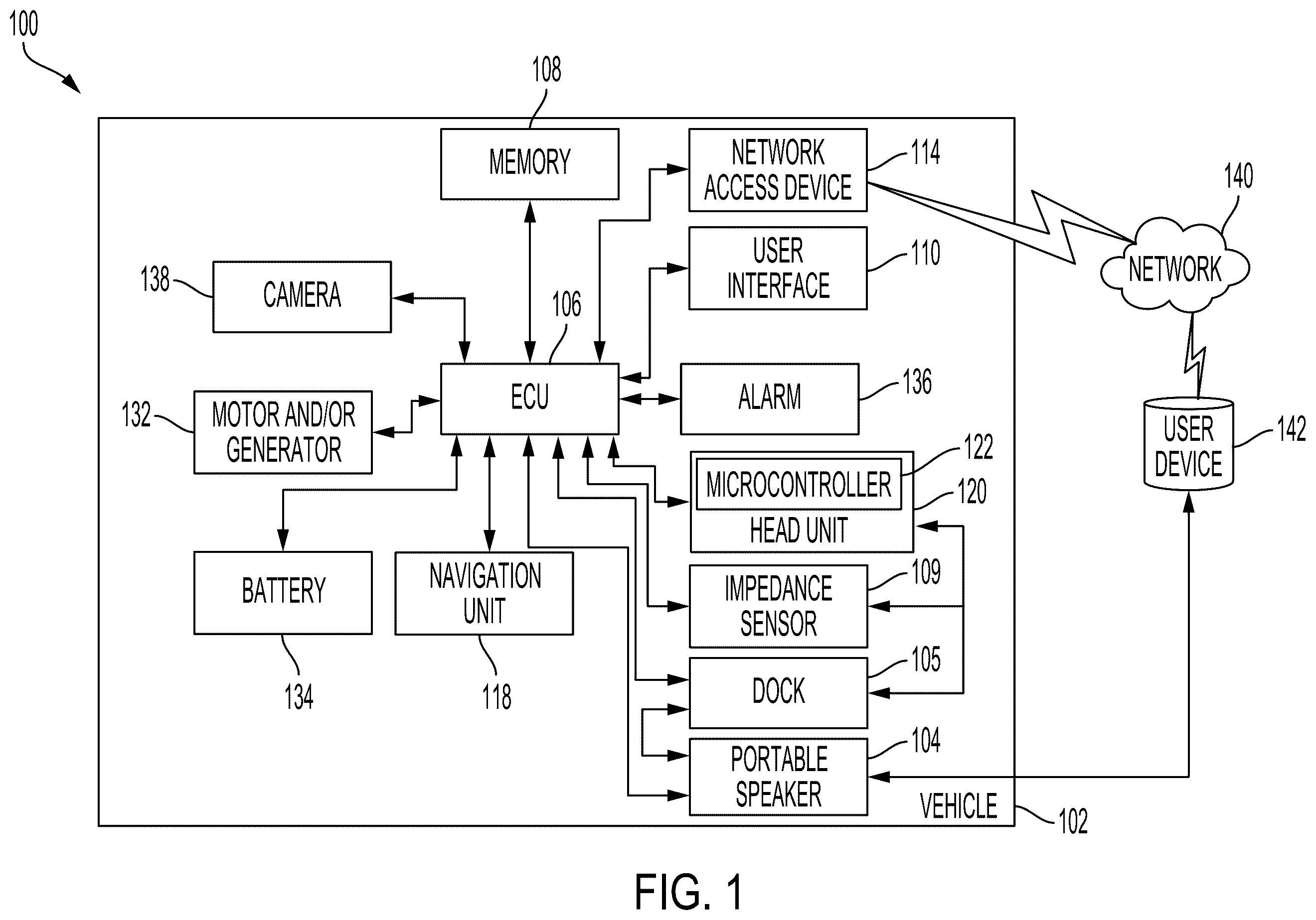 Patent US12508998 — Methods, systems, and devices for monitoring a portable speaker of a vehicle — Figure 1