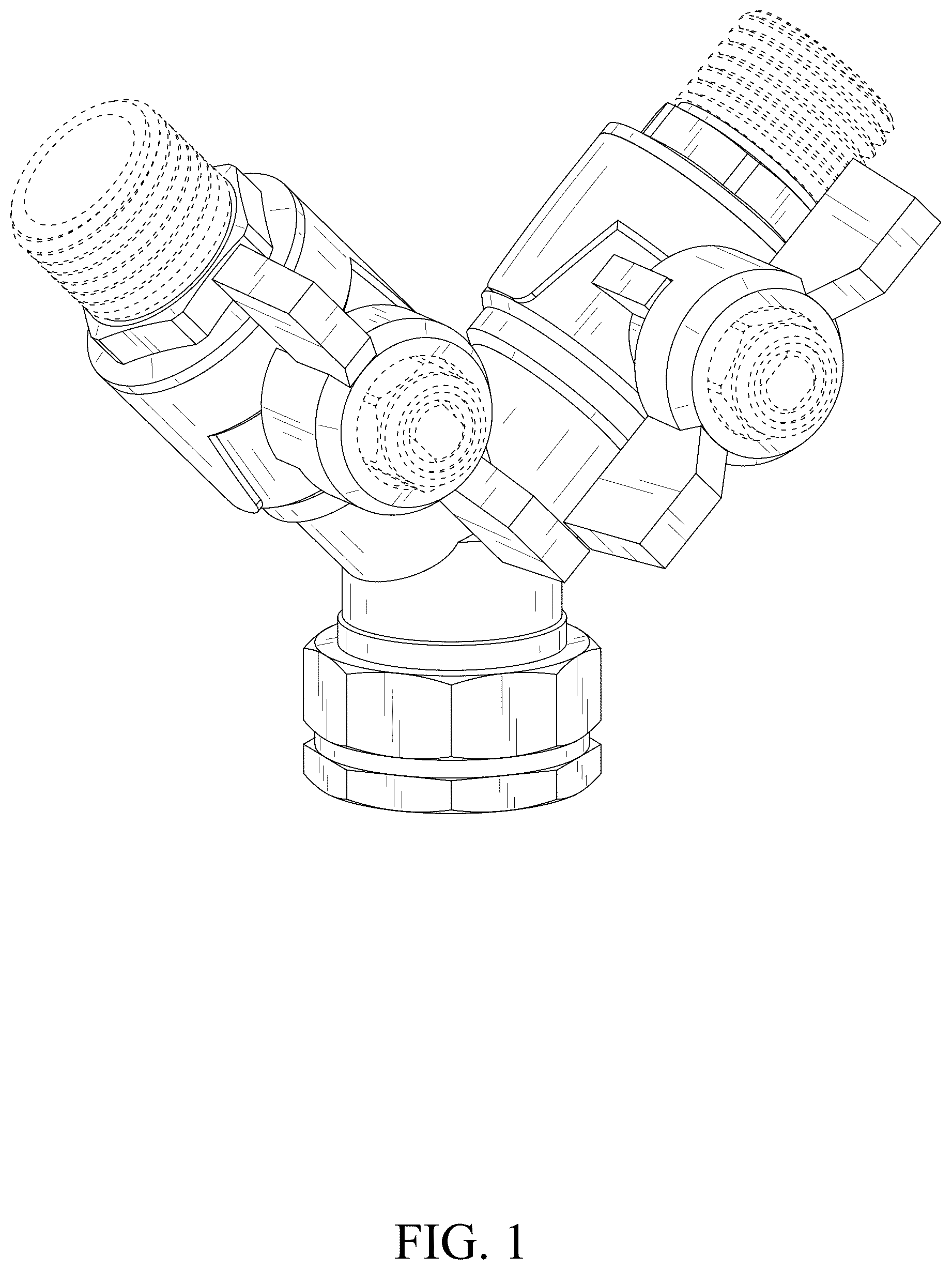 Patent USD1076028 Figure 1 – Hose splitter