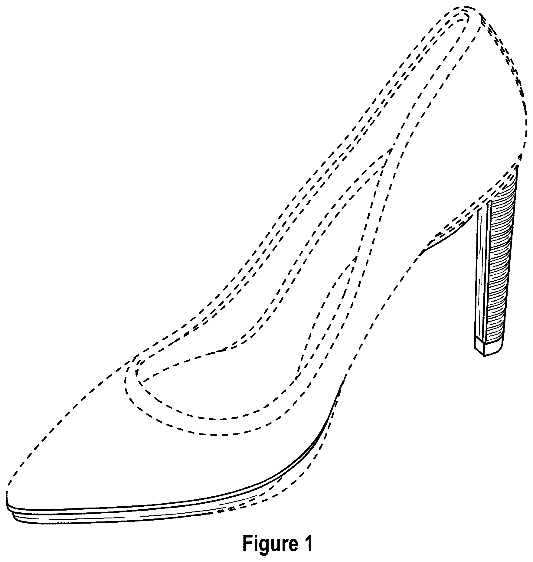 Patent USD1076379 Figure 1 – Pointed toe shoe with heel and outsole patch