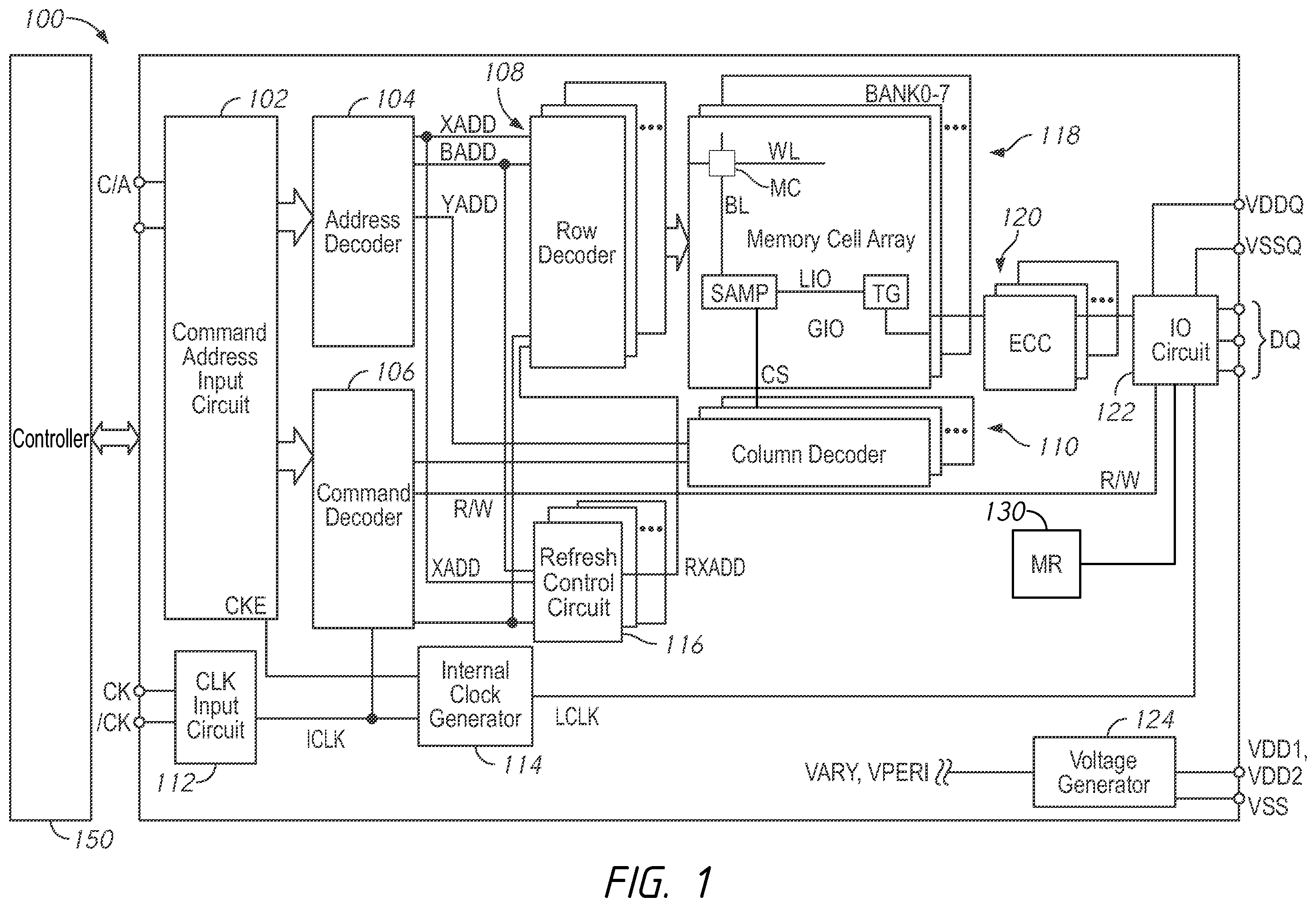 Patent US12541425 — Apparatuses and methods for single-pass access of ECC information, metadata information or combinations thereof — Figure 1
