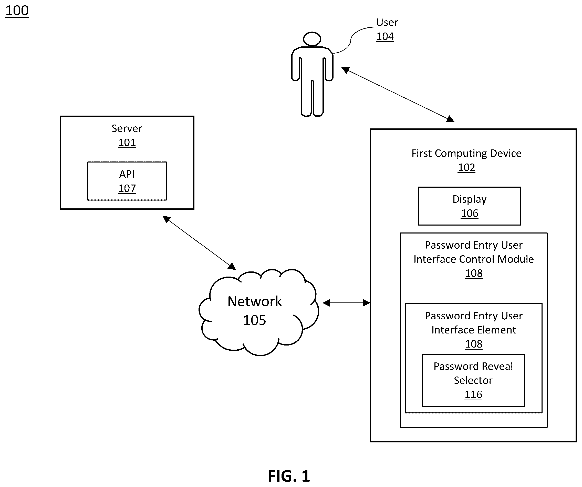 Patent US12541578 — Computer-based systems for hiding and/or revealing a password reveal selector of a password entry user interface element; and methods of use thereof — Figure 1