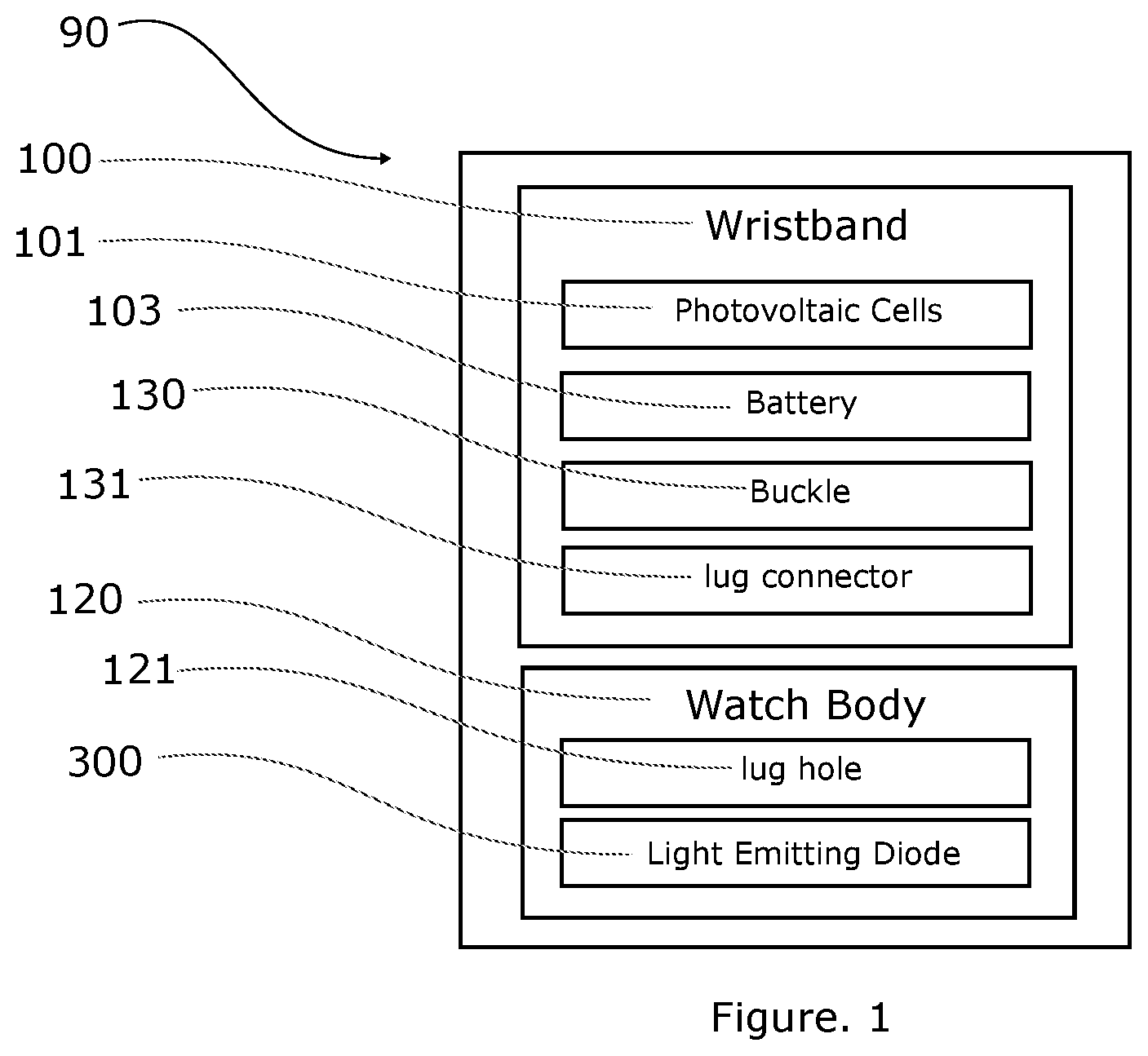 Patent US12547121 Figure 1 – Solar powered watch