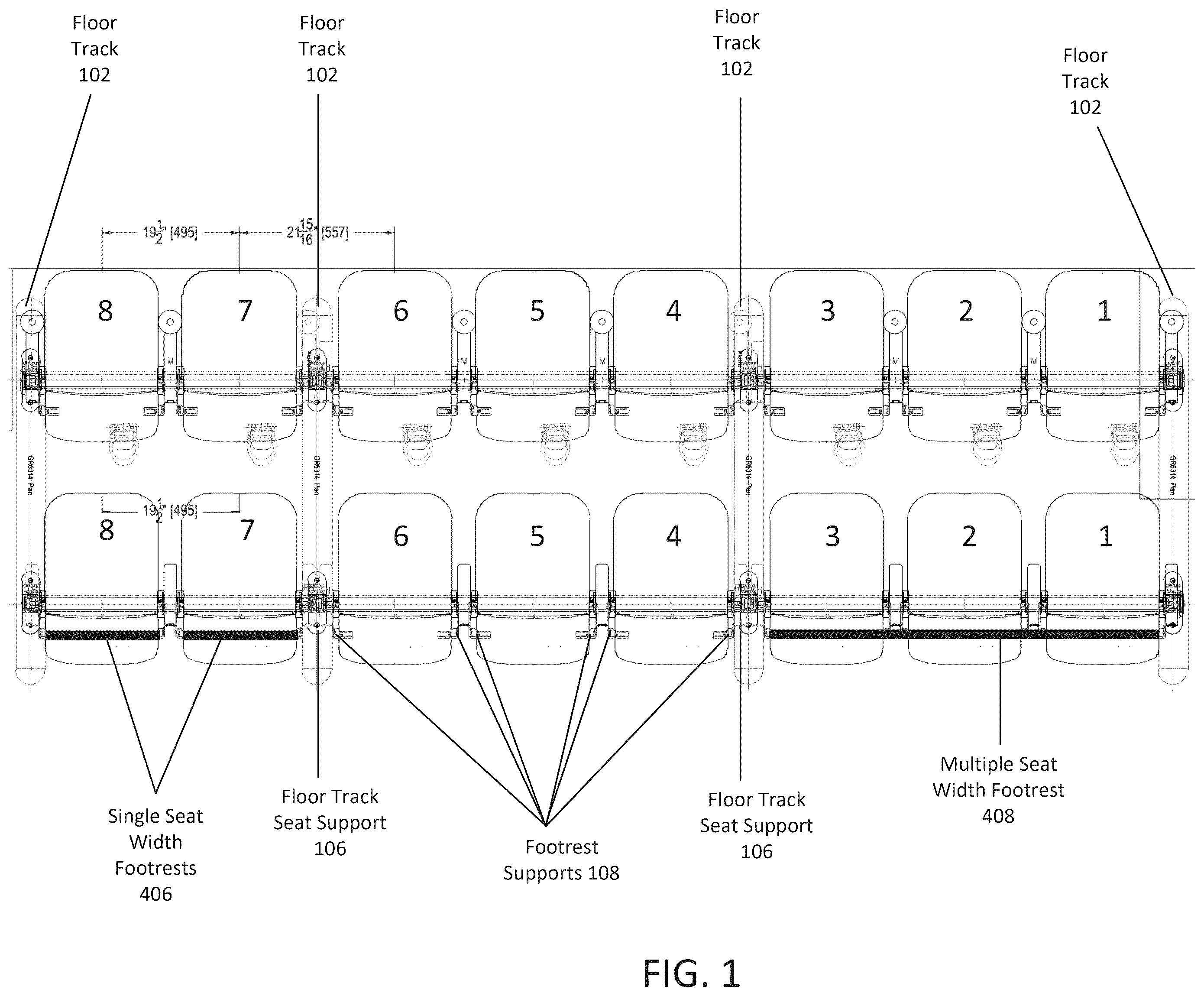 Patent US12551014 — Adjustable floor track and seating system for tiered seating — Figure 1
