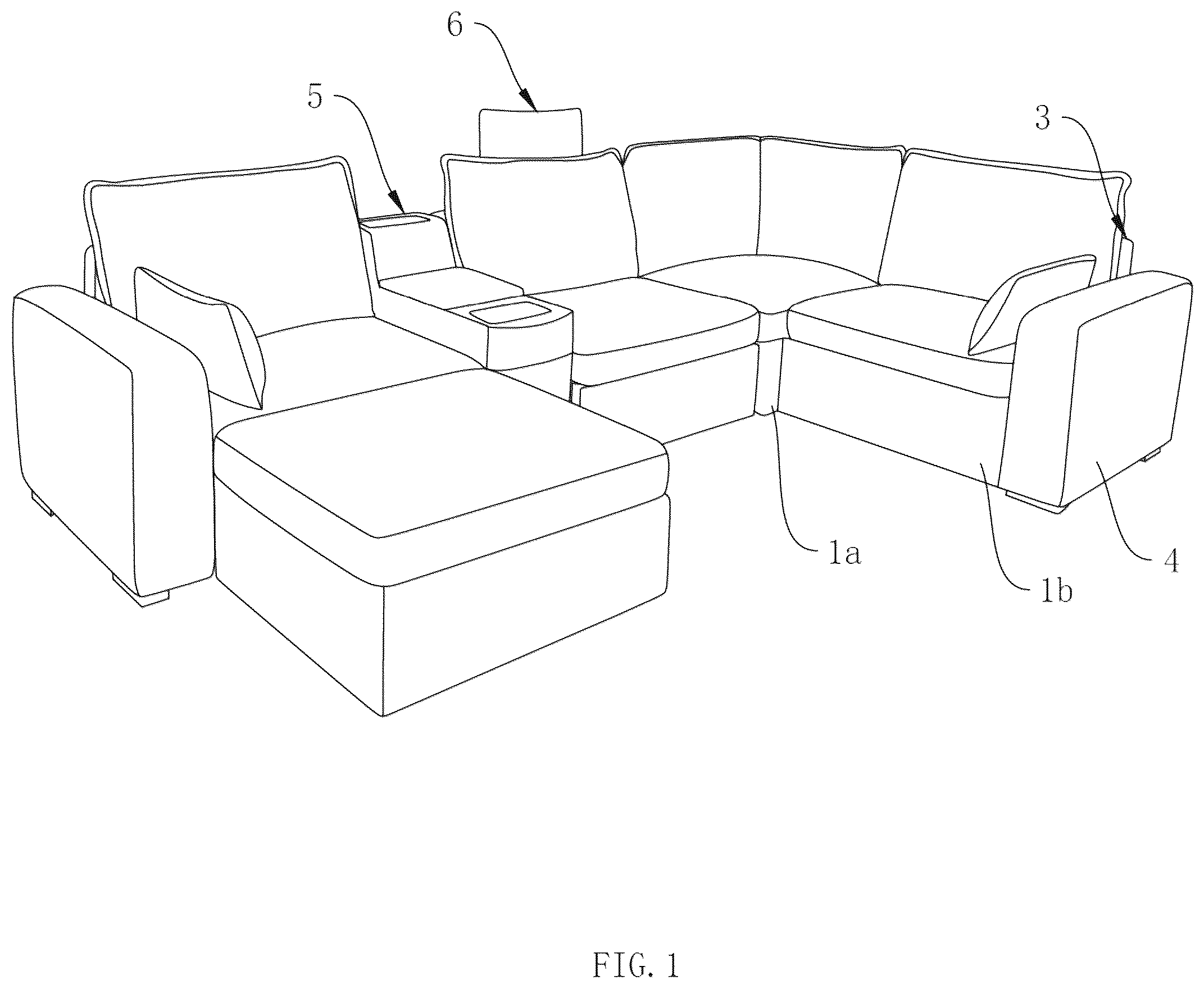 Patent US12551021 Figure 1 – Modular sofa assembly