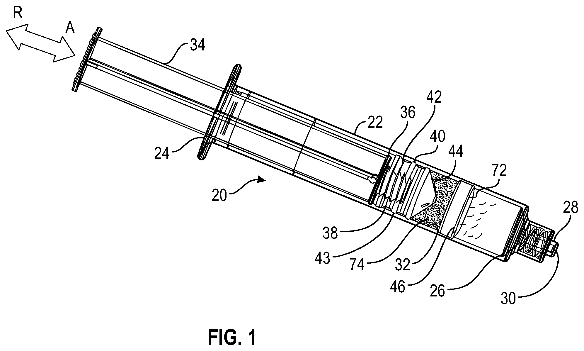 Patent US12551622 Figure 1 – Dual chamber syringe assembly with floating stopper
