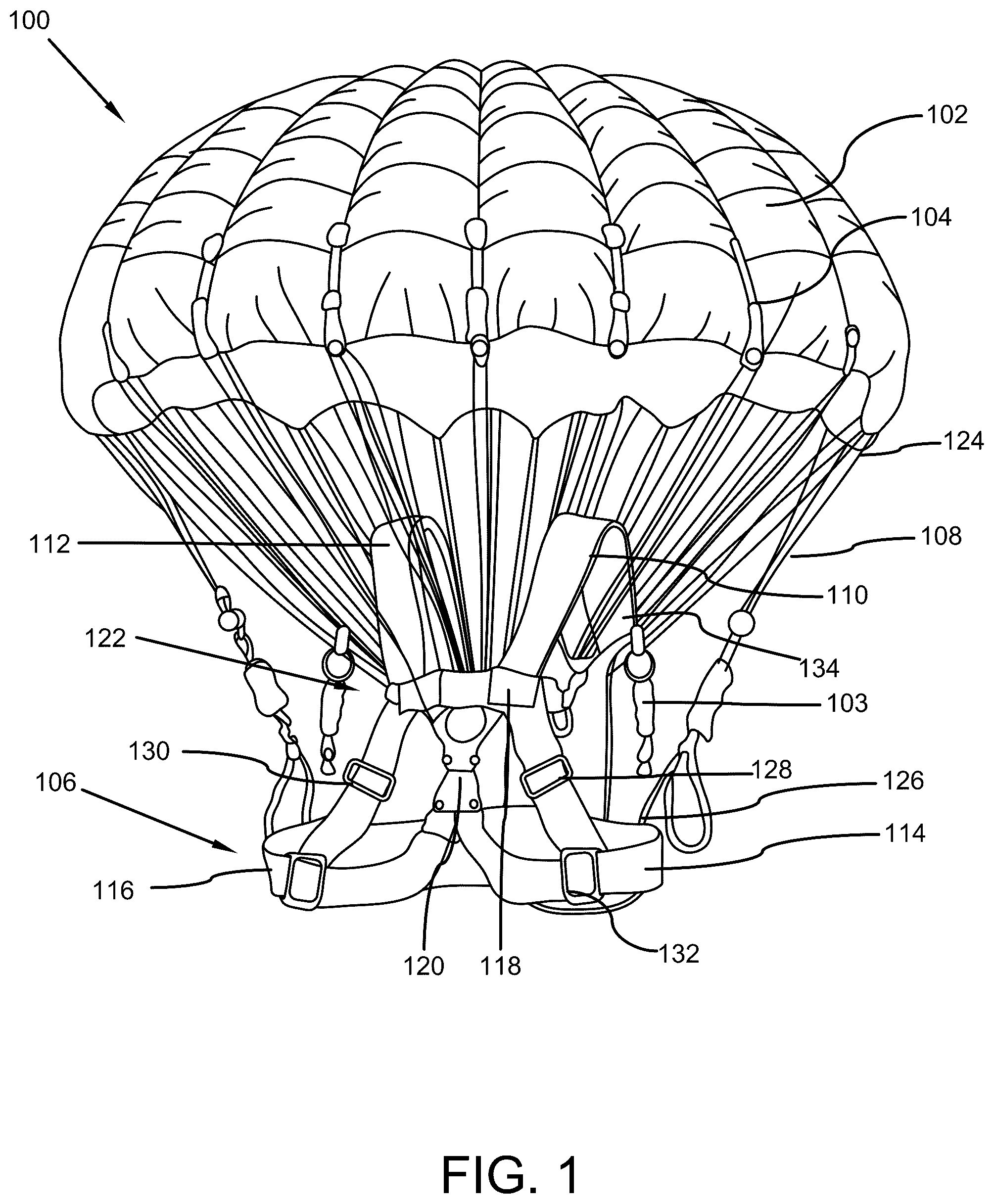 Patent US12551735 — Parachute device for high-rise emergency evacuations — Figure 1