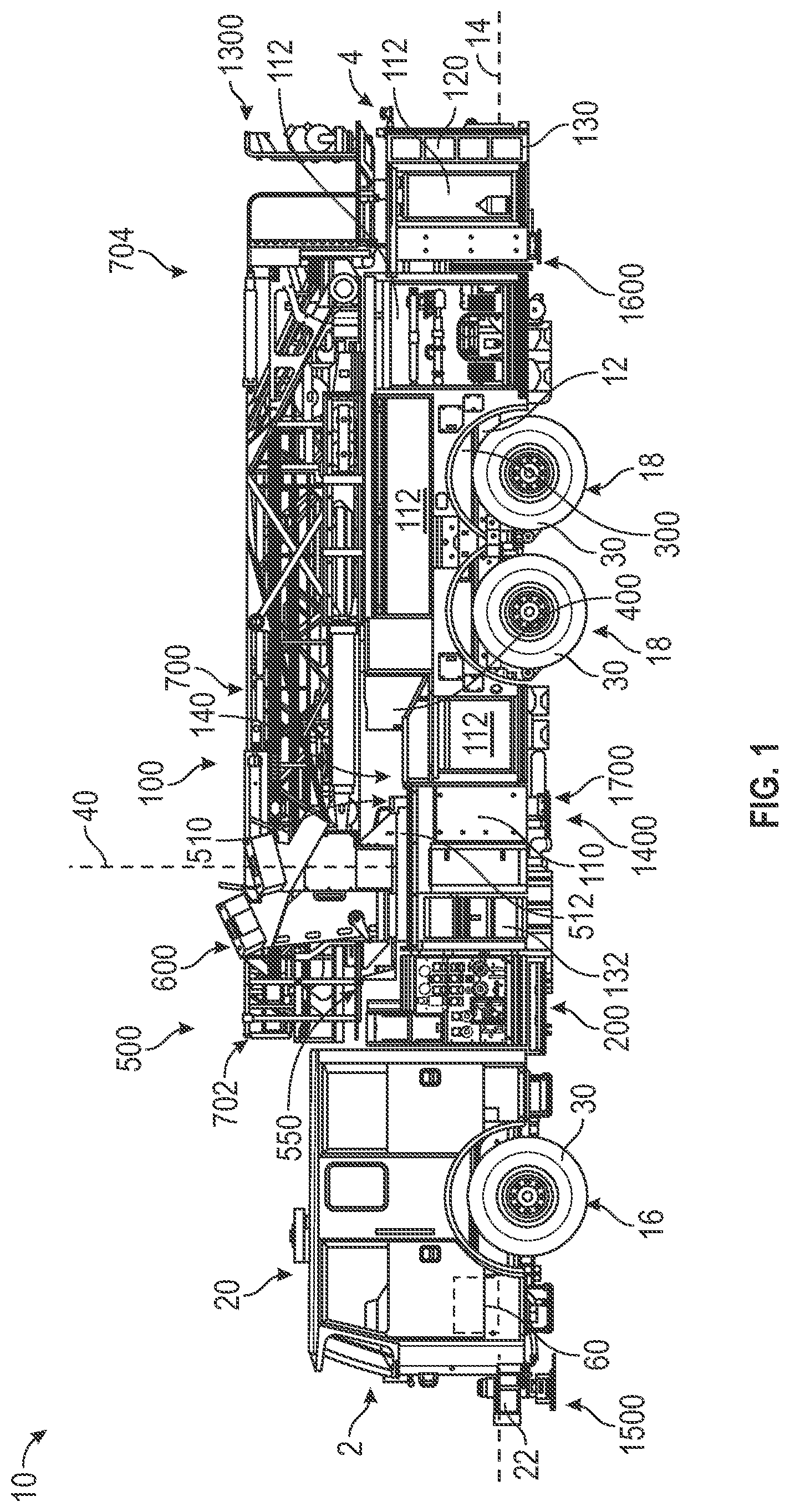 Patent US12551740 Figure 1 – Aerial configuration for a mid-mount fire apparatus