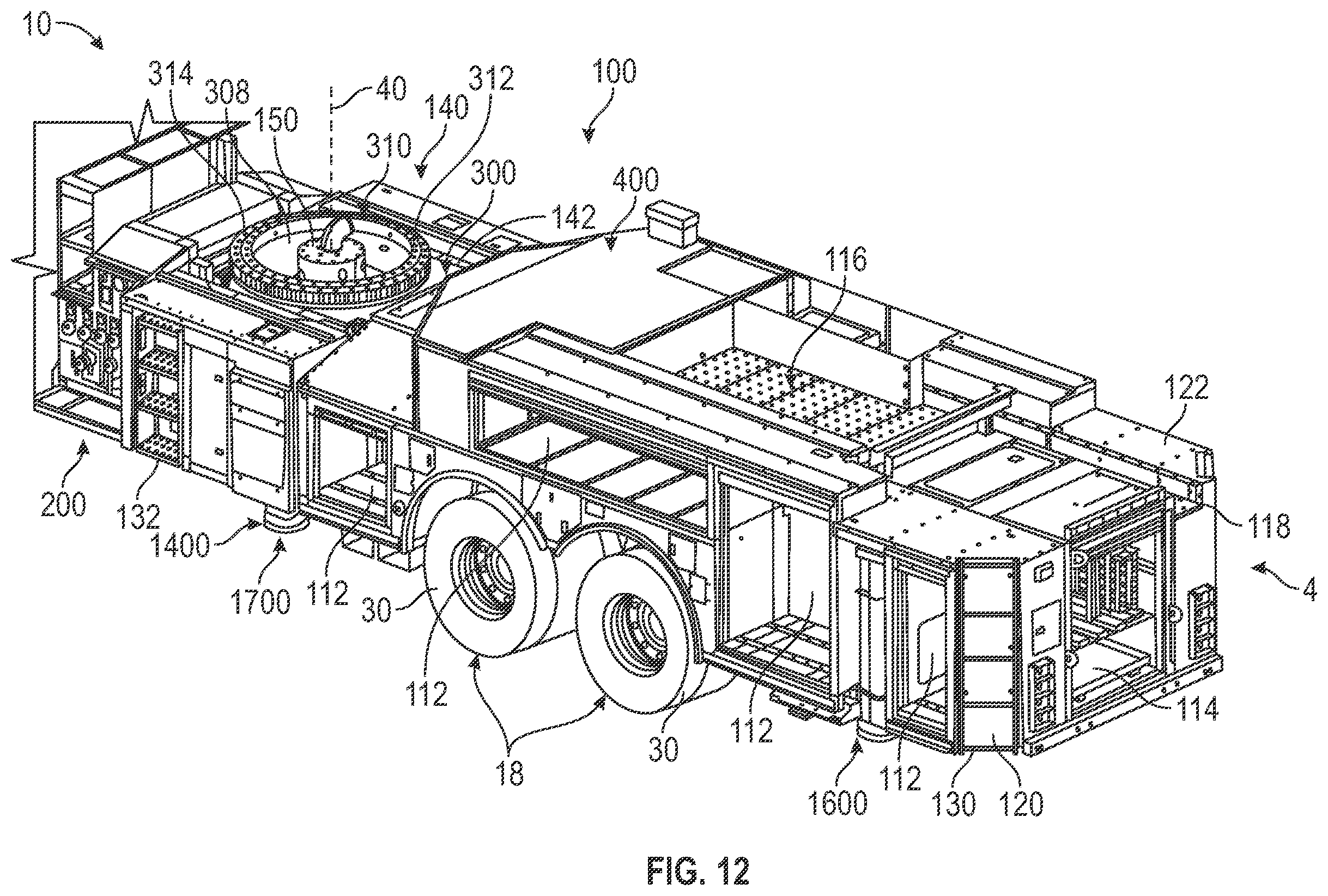 Patent US12551740 Figure 12 – Aerial configuration for a mid-mount fire apparatus