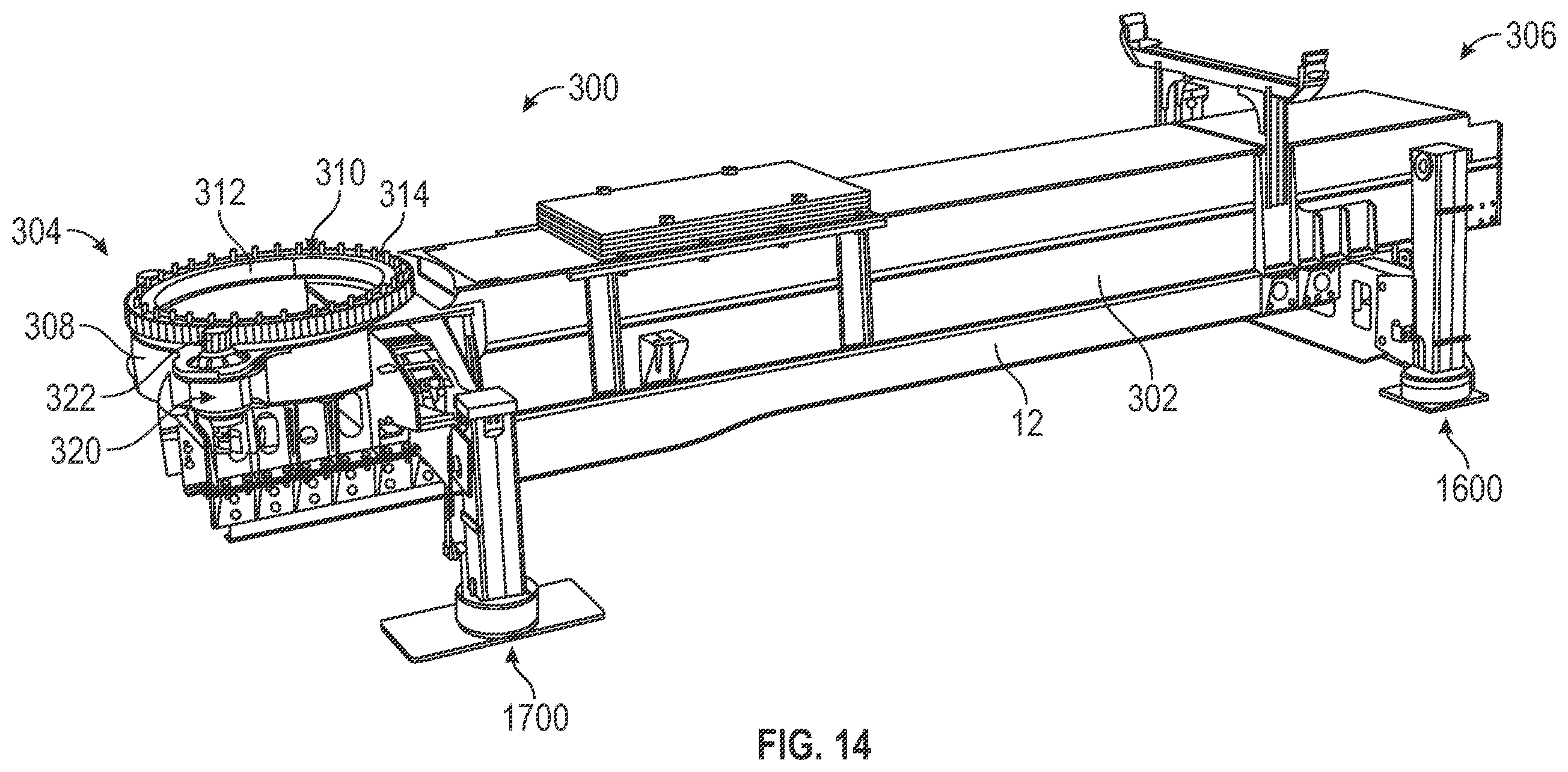 Patent US12551740 Figure 14 – Aerial configuration for a mid-mount fire apparatus