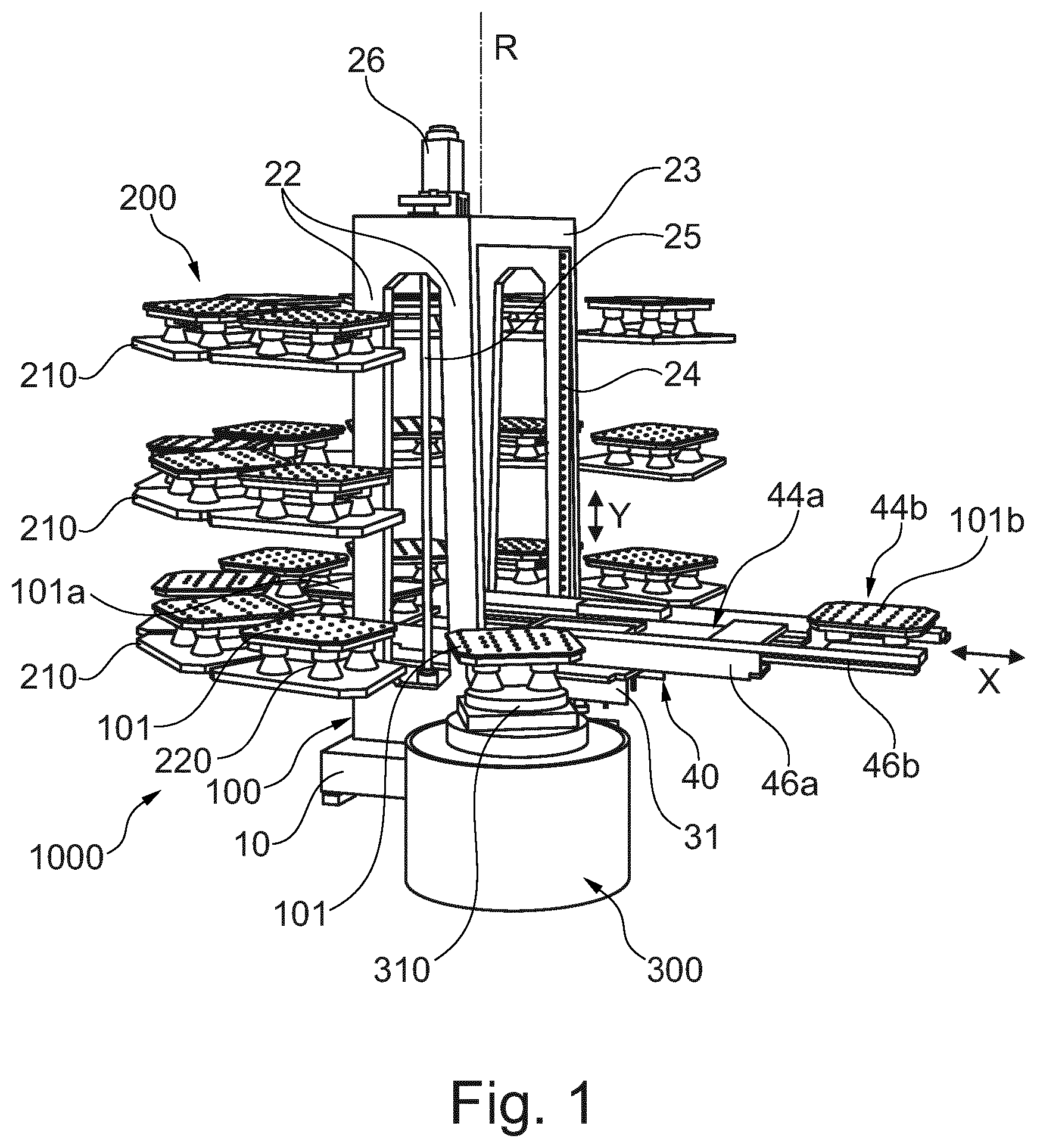 Patent US12551977 Figure 1 – Handling system and handling device for handling workpiece pallets