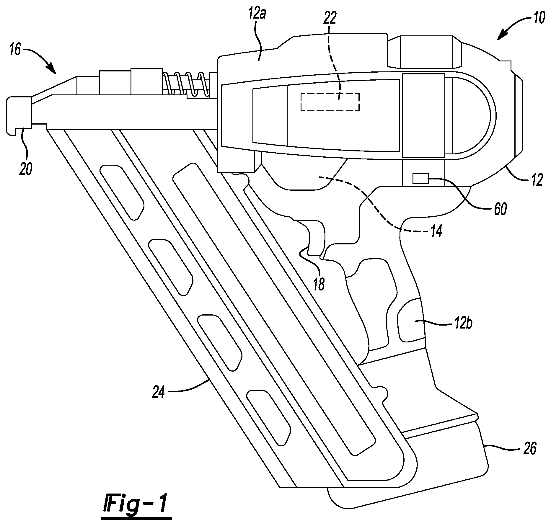 Patent US12551998 Figure 1 – Flywheel driven fastening tool having at least two timeout periods for determining when to stop driving flywheel