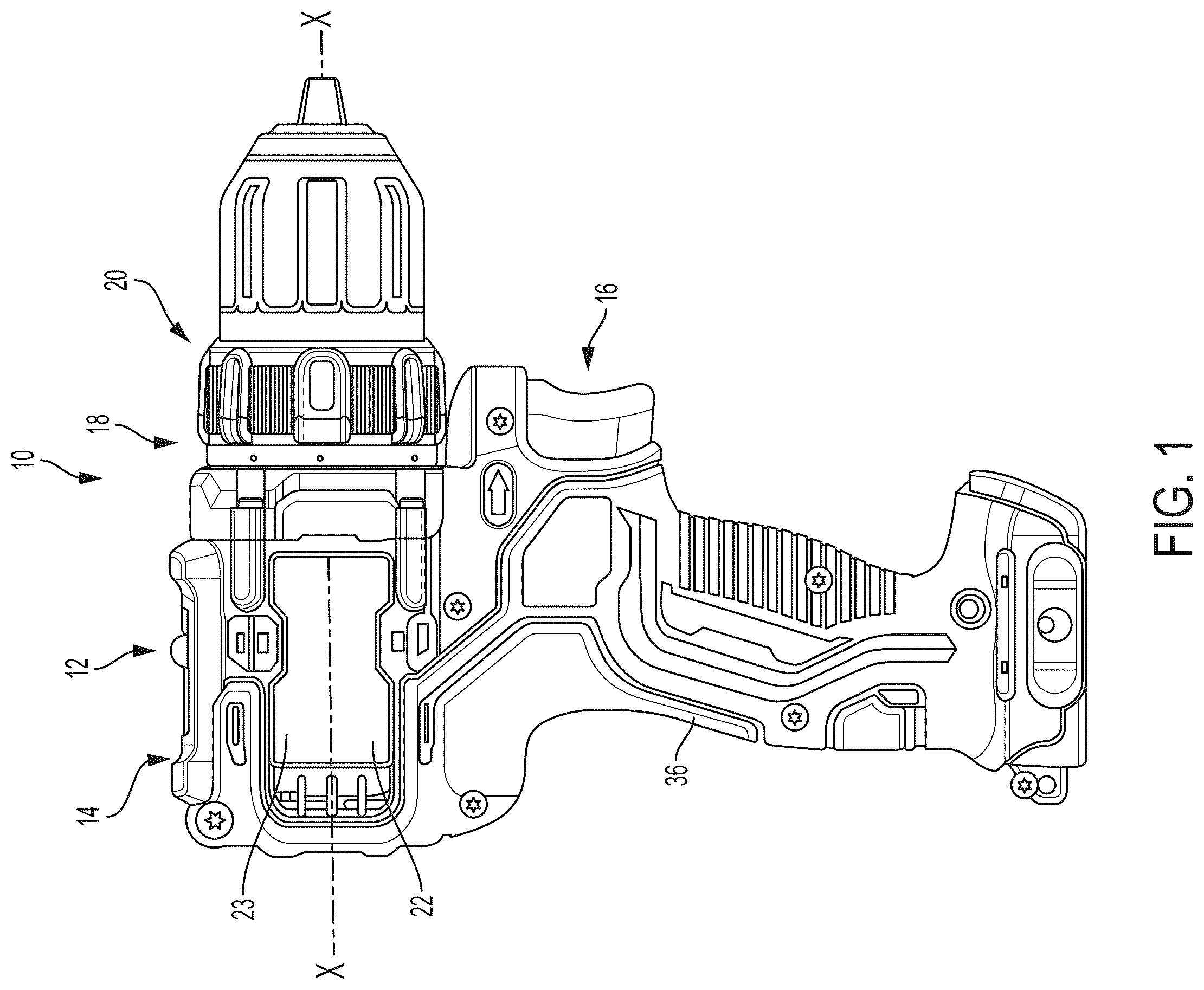 Patent US12552006 Figure 1 – Power tool with partition assembly between transmission and motor